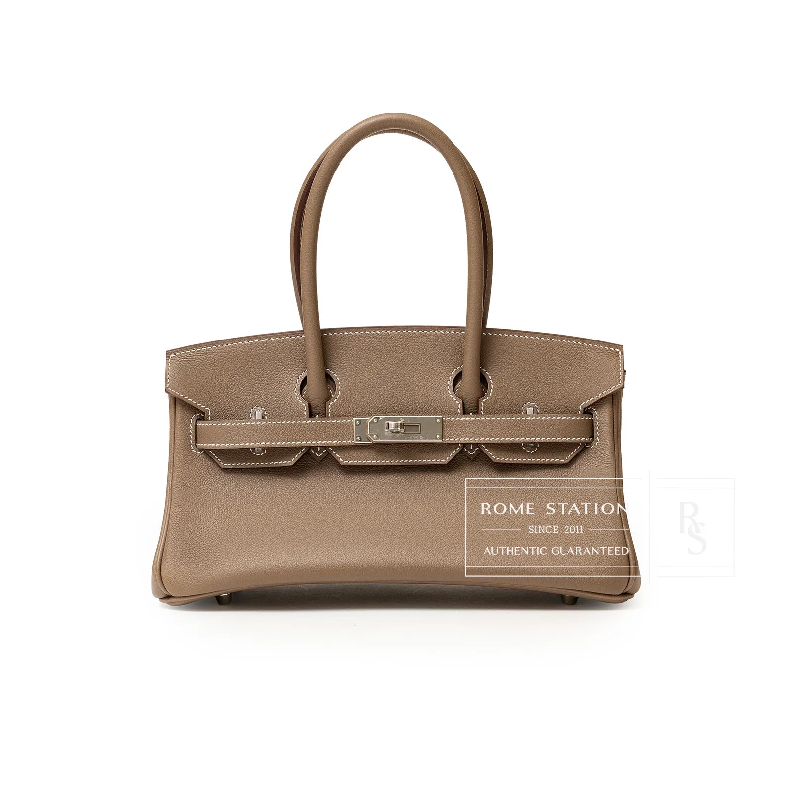 Front view of Hermès Shoulder Birkin 29 in Etoupe Evercolor leather with palladium hardware and double handles