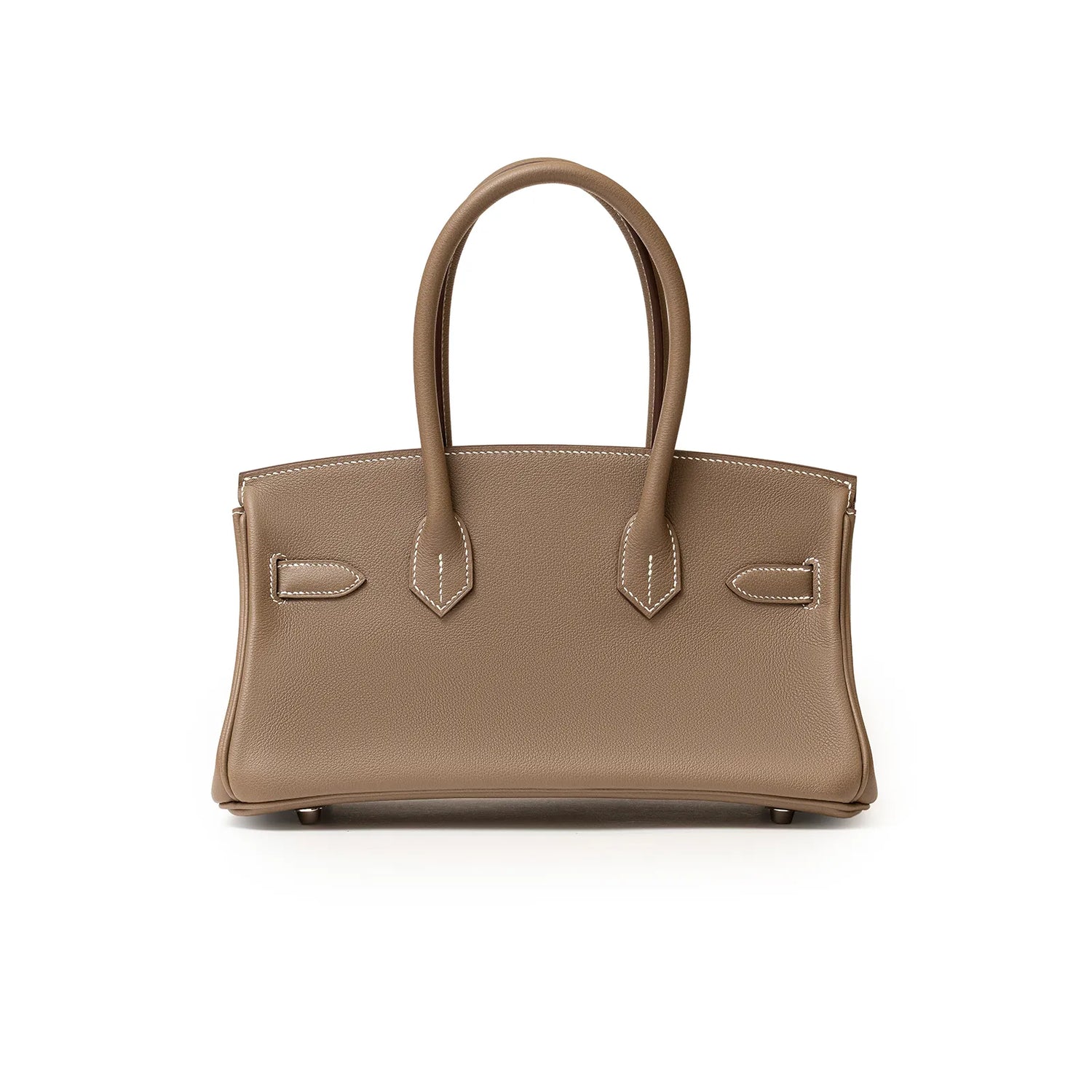 Back view of Hermès Birkin 29 in Etoupe Evercolor leather showing polished palladium hardware and smooth texture