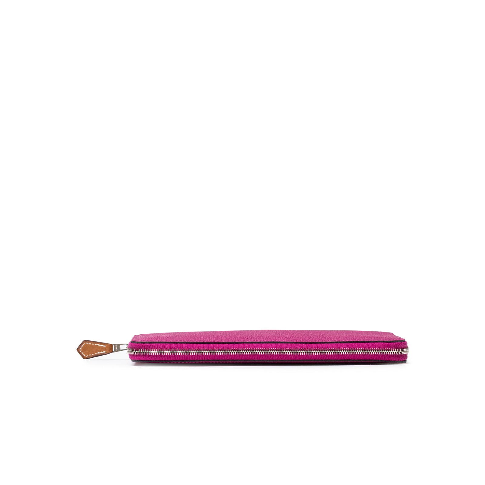 Hermès Silk'In Classique Long Wallet Rose Pourpre/Blue Epsom Palladium Hardware side view showing slim profile and zipper detail