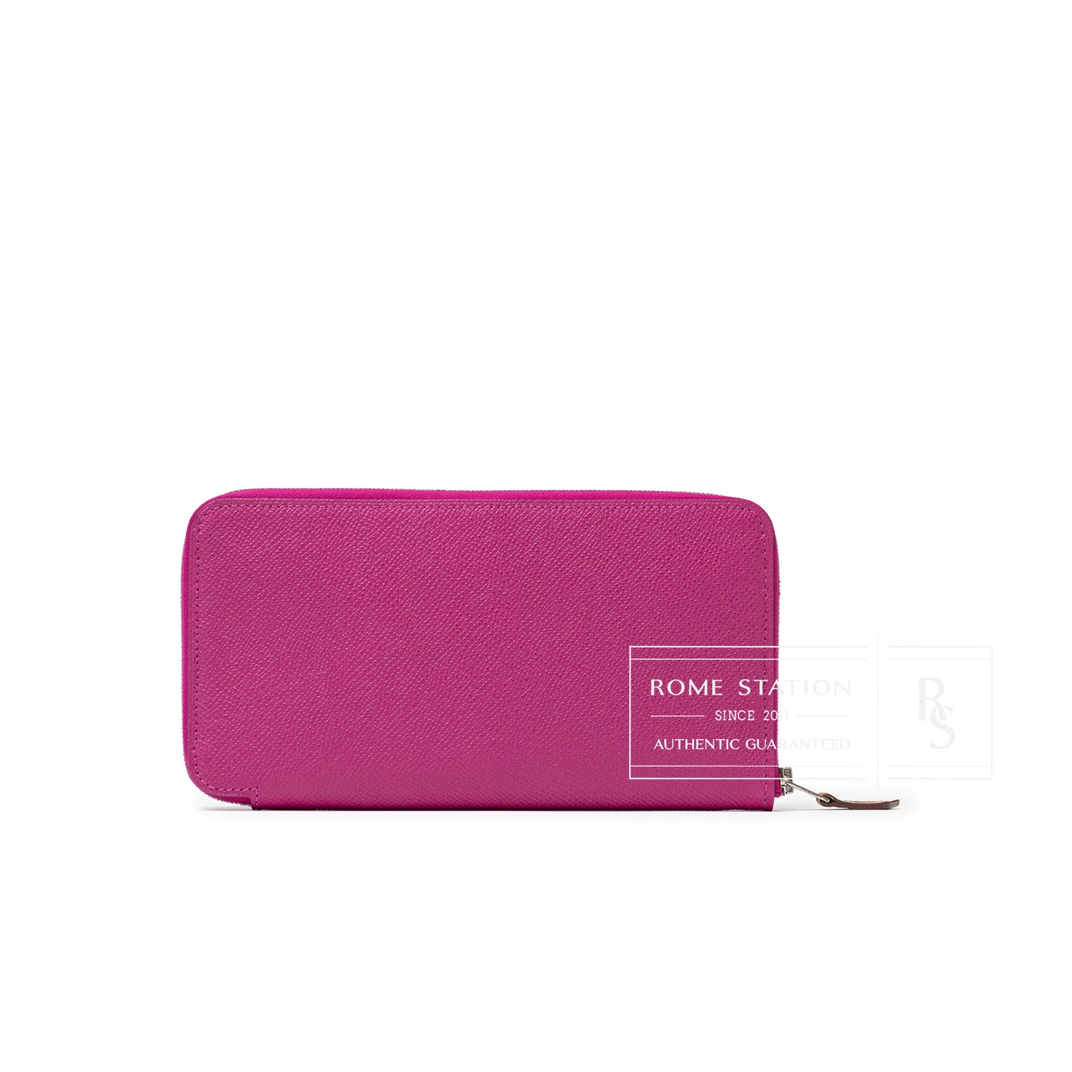 Front view of Hermès Silk'In Classique Long Wallet Rose Pourpre/Blue Epsom Palladium Hardware with zip closure