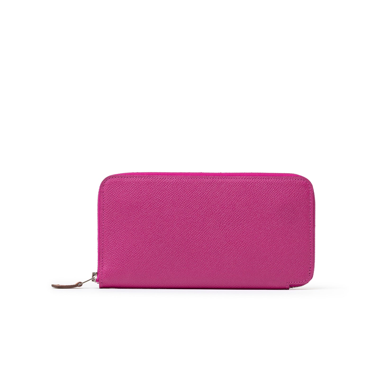 Front view of Hermès Silk'In Classique Long Wallet Rose Pourpre/Blue Epsom Palladium Hardware with zipper closed