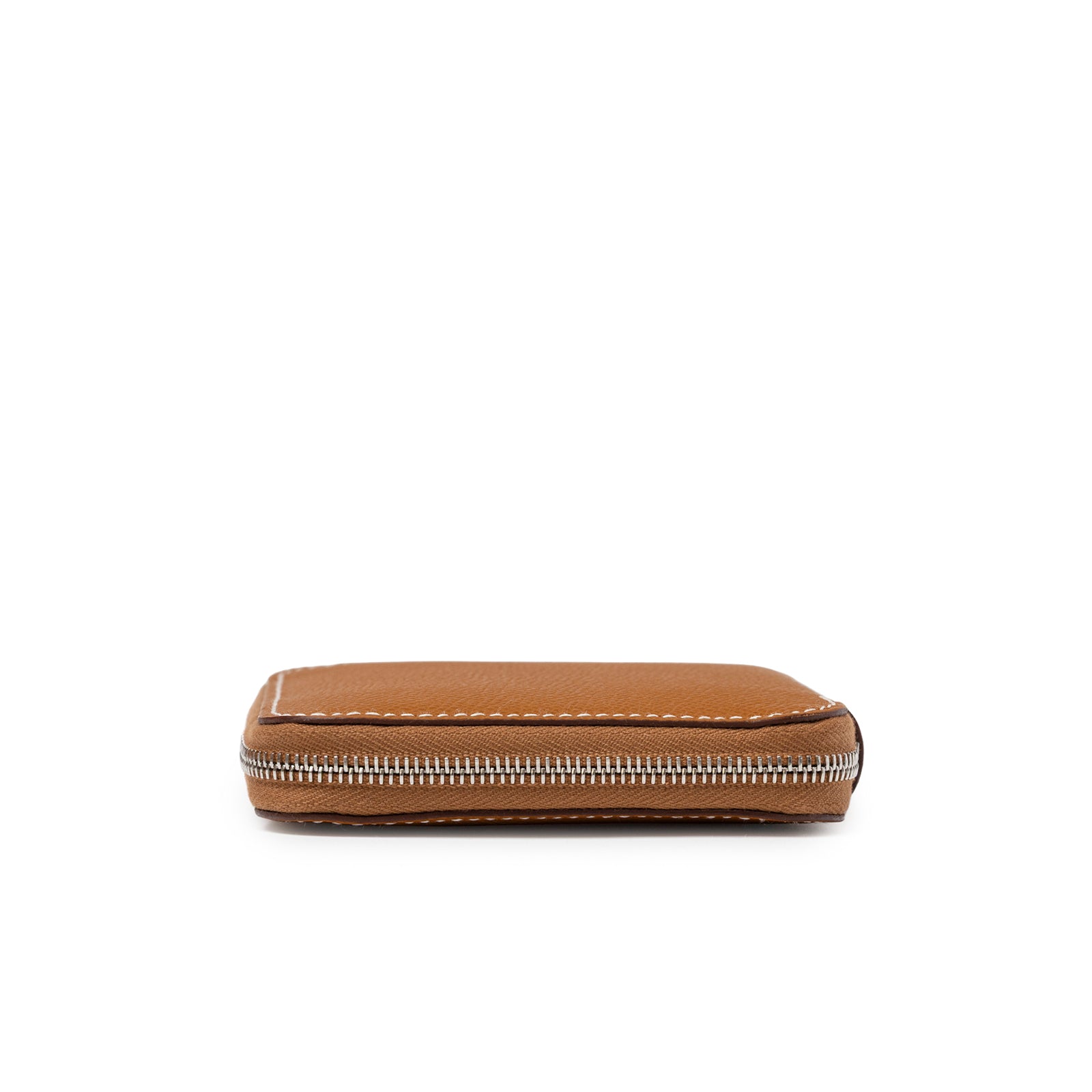 Side view of Hermès Silk'In Compact Wallet Gold Cassis Vert Fizz Epsom Palladium Hardware with silver zipper