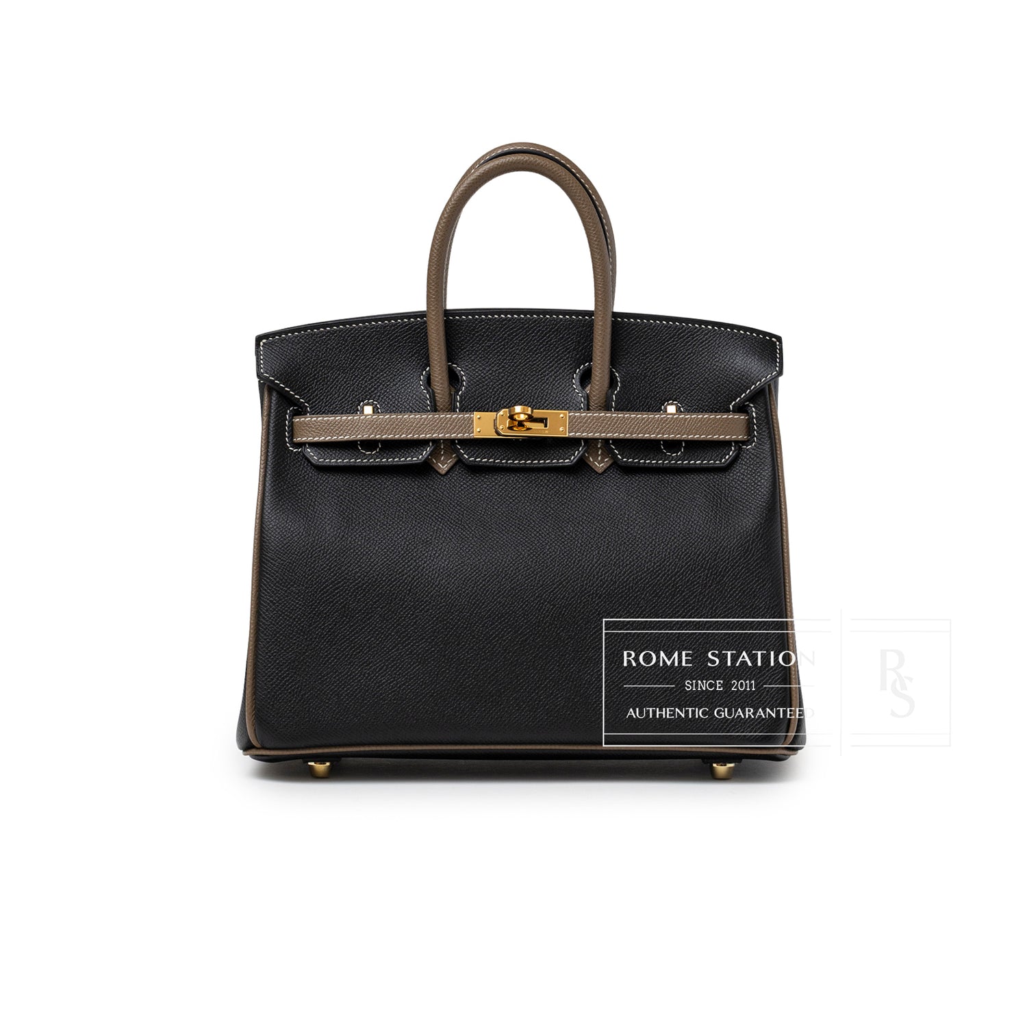 Front view of Hermès Special Order HSS Horseshoe Birkin 25 Black/Etoupe Epsom Gold Hardware handbag