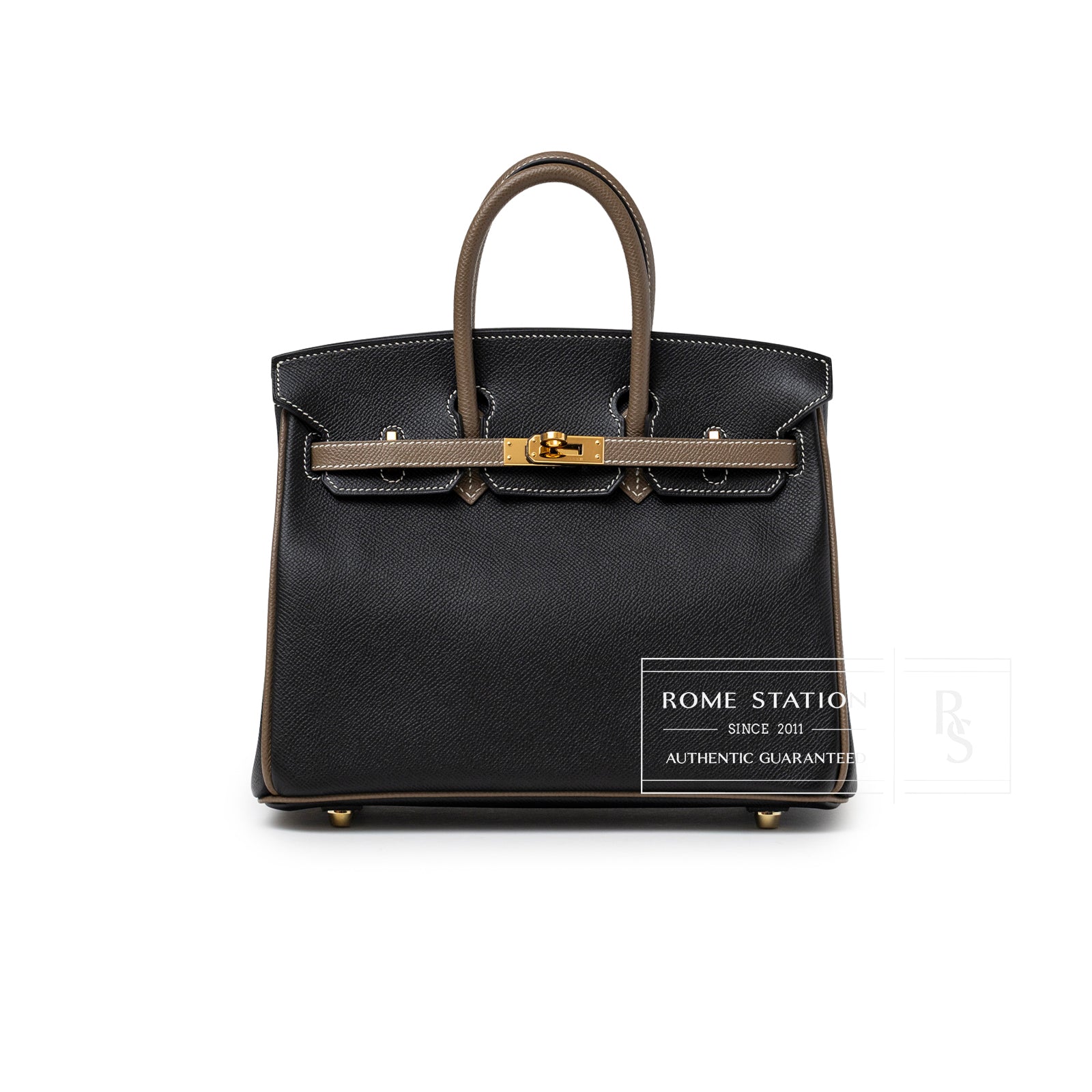 Front view of Hermès Special Order HSS Horseshoe Birkin 25 Black/Etoupe Epsom Gold Hardware handbag
