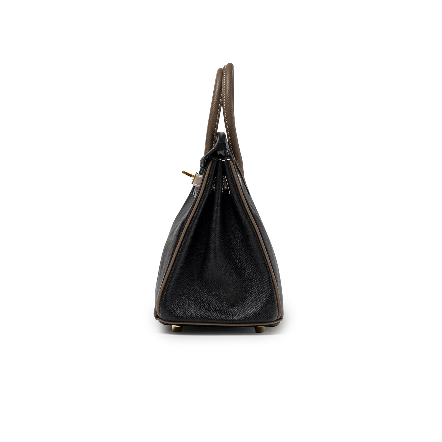 Side view of Hermès Special Order HSS Horseshoe Birkin 25 Black/Etoupe Epsom Gold Hardware handbag