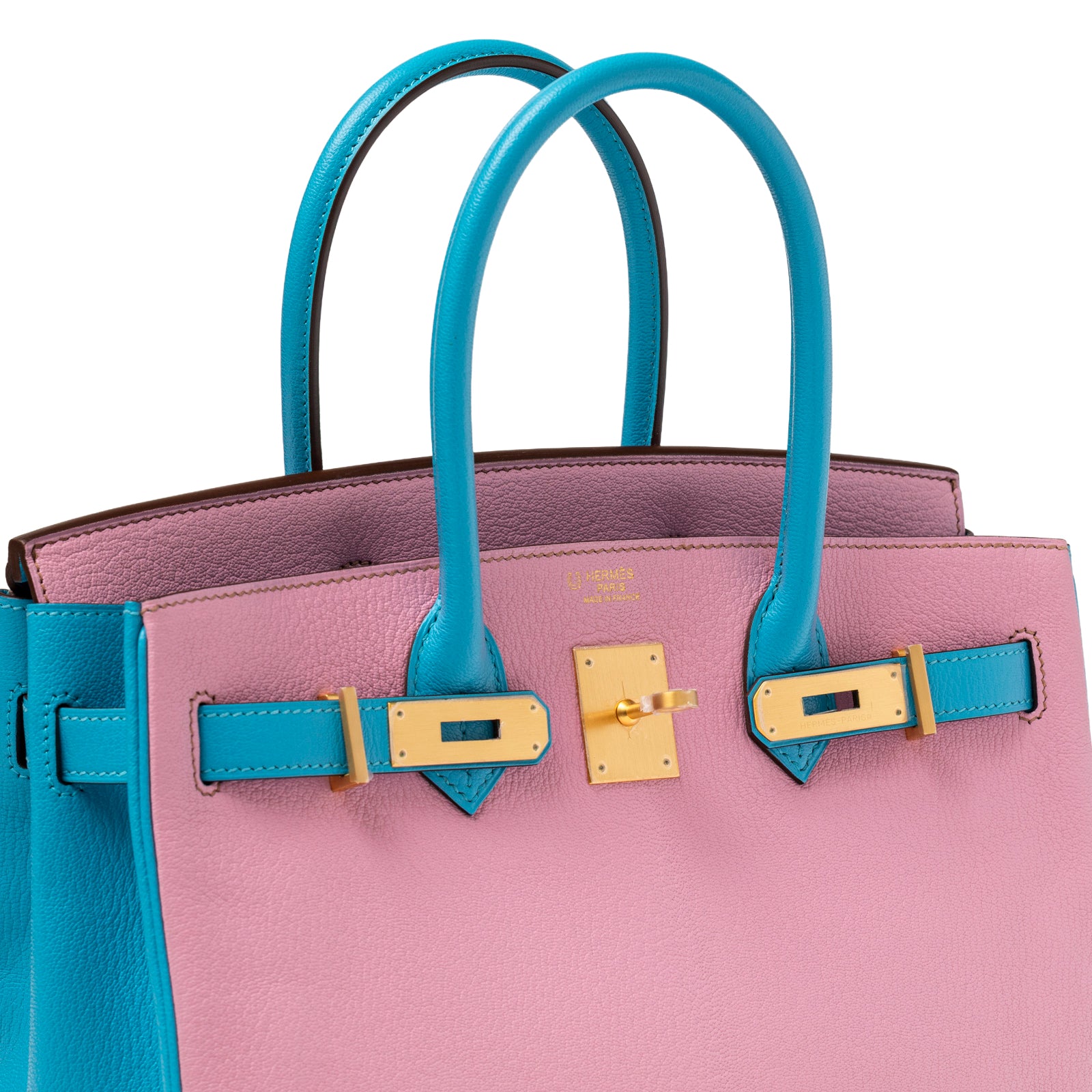 Close-up angled view of Hermès Special Order HSS Horseshoe Birkin 30 Bubble Gum Pink Celeste Chevre Mysore Brushed Gold Hardware showing hardware and handles