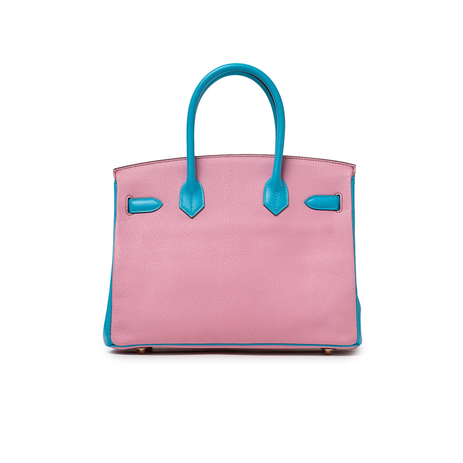 Back view of Hermès Special Order HSS Horseshoe Birkin 30 Bubble Gum Pink Celeste Chevre Mysore Brushed Gold Hardware handbag
