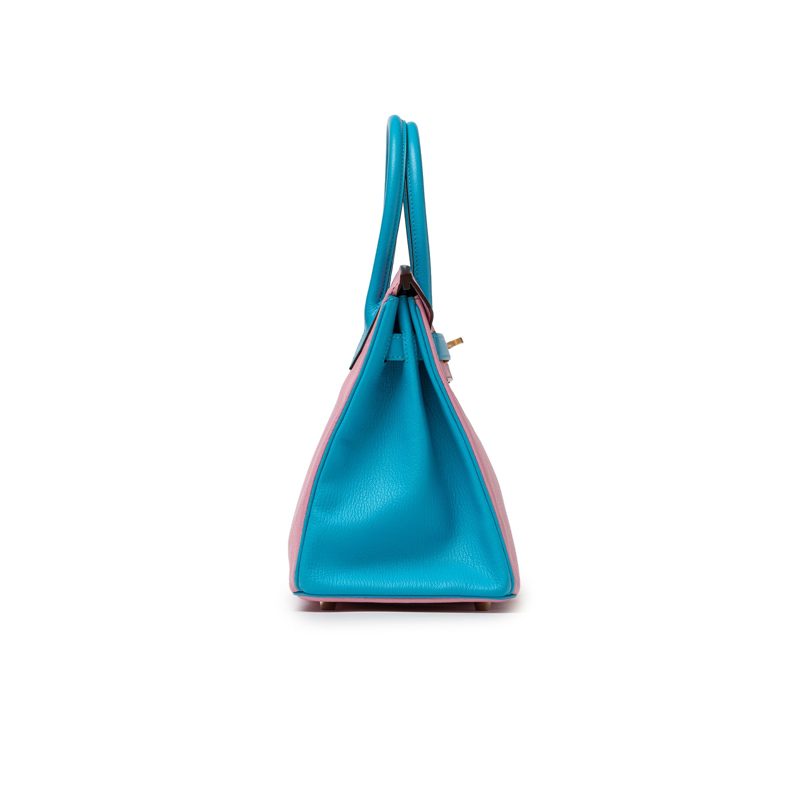 Side view of Hermès Special Order HSS Horseshoe Birkin 30 Bubble Gum Pink Celeste Chevre Mysore Brushed Gold Hardware showing blue side panel and handle.