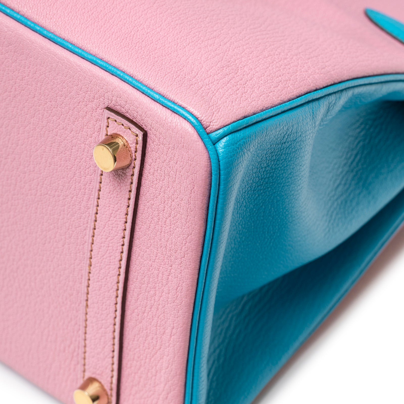 Close-up detail of corner stitching and brushed gold hardware on Hermès Special Order HSS Horseshoe Birkin 30 Bubble Gum Pink Celeste Chevre Mysore Brushed Gold Hardware