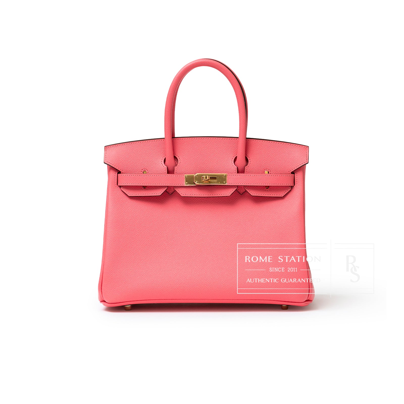 Front view of Hermès Special Order Horseshoe Stamp Birkin 30 Rose Azalee Epsom Gold Hardware handbag