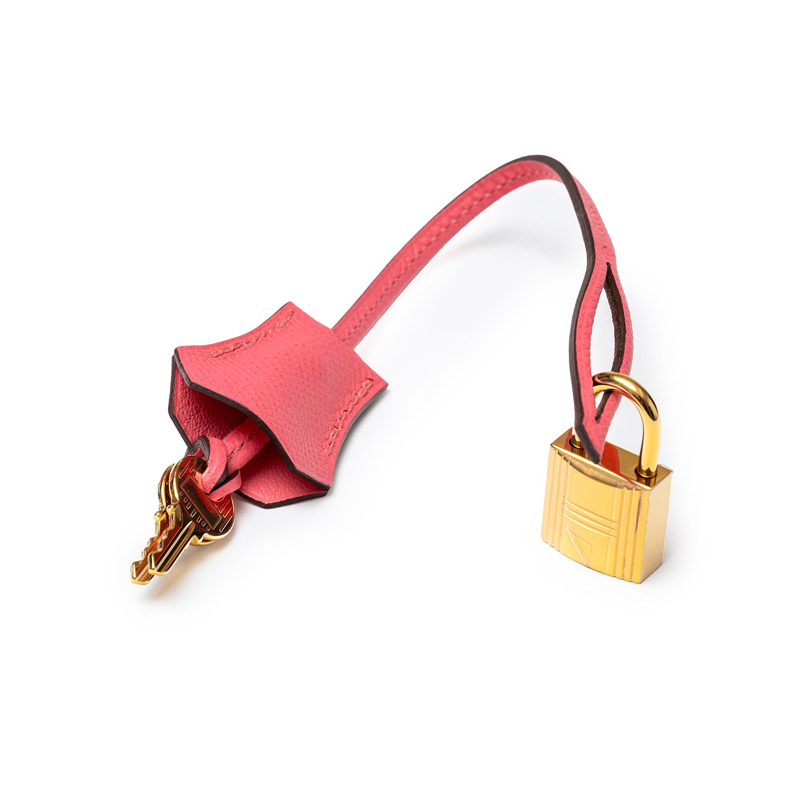 Close-up of gold padlock and pink leather key holder on Hermès Special Order Horseshoe Stamp Birkin 30 Rose Azalee Epsom Gold Hardware