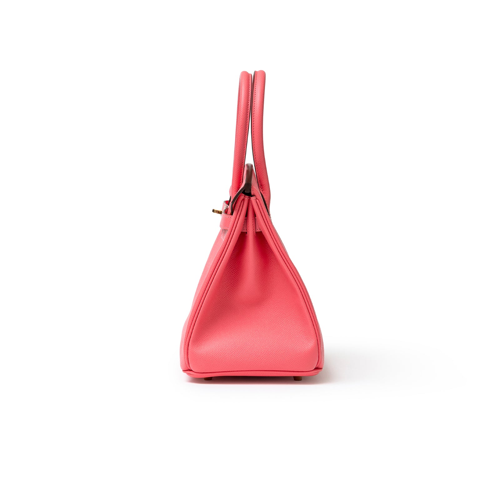 Side view of Hermès Special Order Horseshoe Stamp Birkin 30 Rose Azalee Epsom Gold Hardware handbag