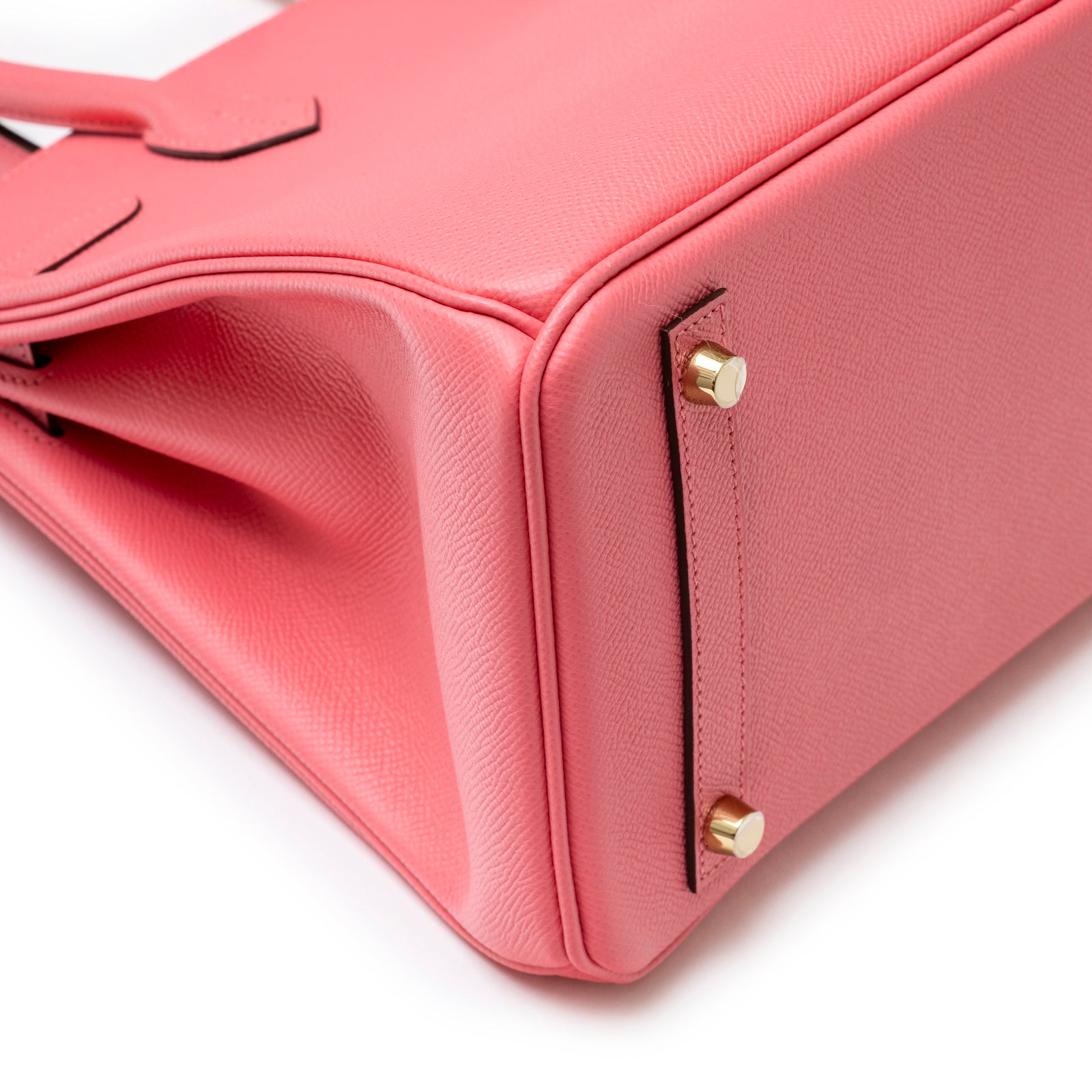 Close-up angled view of Hermès Special Order Horseshoe Stamp Birkin 30 Rose Azalee Epsom Gold Hardware showing base corners.