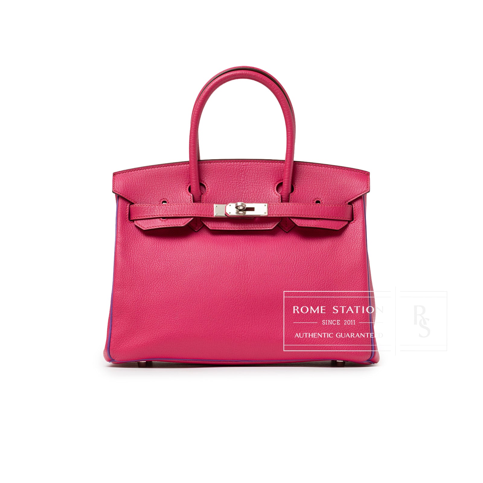 Front view of Hermès Special Order HSS Horseshoe Birkin 30 Rose Shocking Parme Chevre Mysore Palladium Hardware