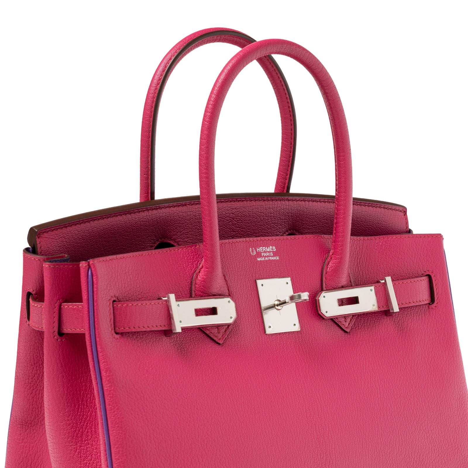 Front angled view of Hermès Special Order HSS Horseshoe Birkin 30 Rose Shocking Parme Chevre Mysore Palladium Hardware showing vibrant pink leather and palladium clasp