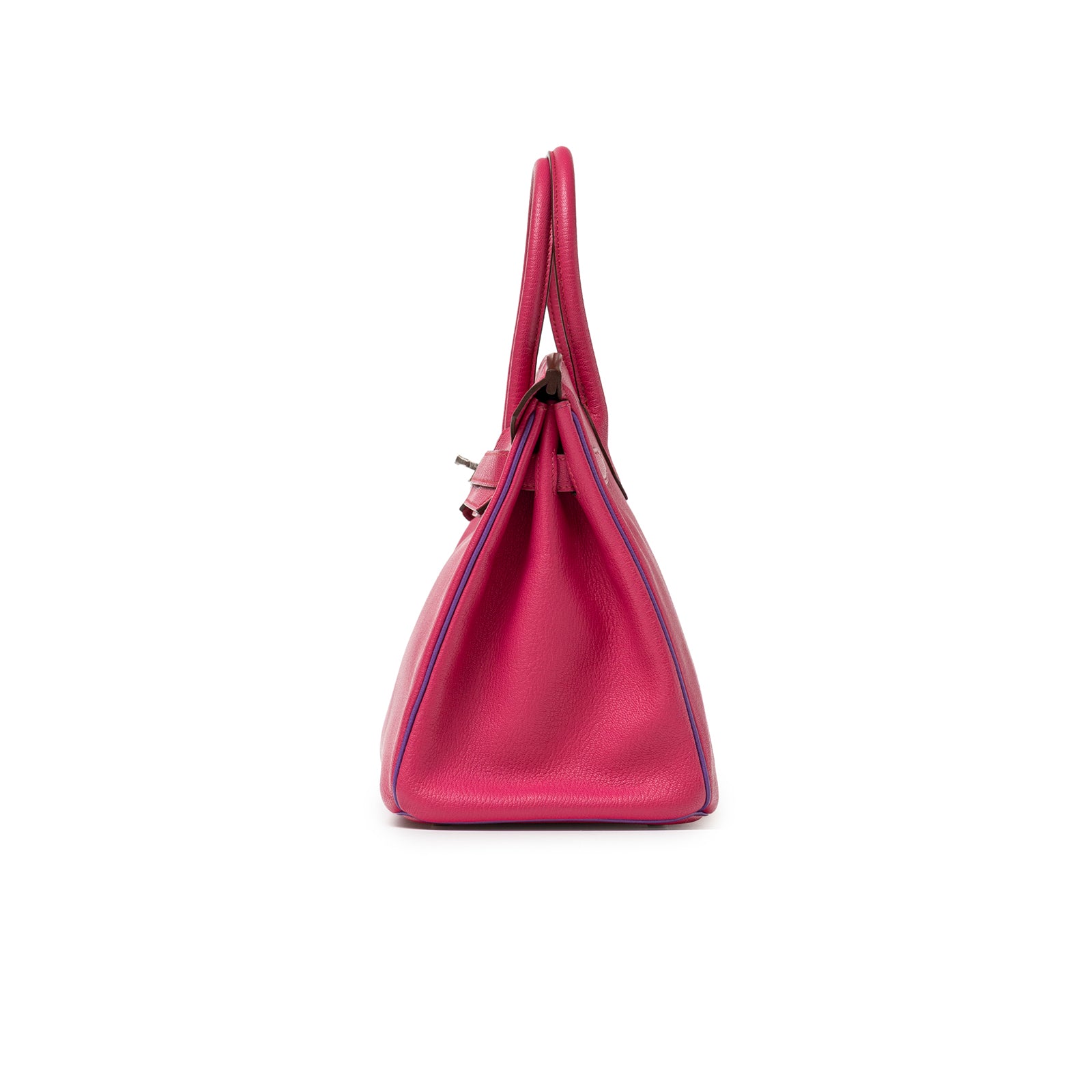 Side view of Hermès Special Order HSS Horseshoe Birkin 30 Rose Shocking Parme Chevre Mysore Palladium Hardware handbag