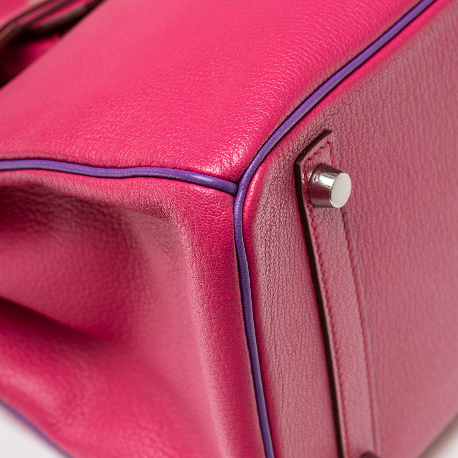 Close-up angled shot of Hermès Special Order HSS Horseshoe Birkin 30 Rose Shocking Parme Chevre Mysore Palladium Hardware showing texture and corner details