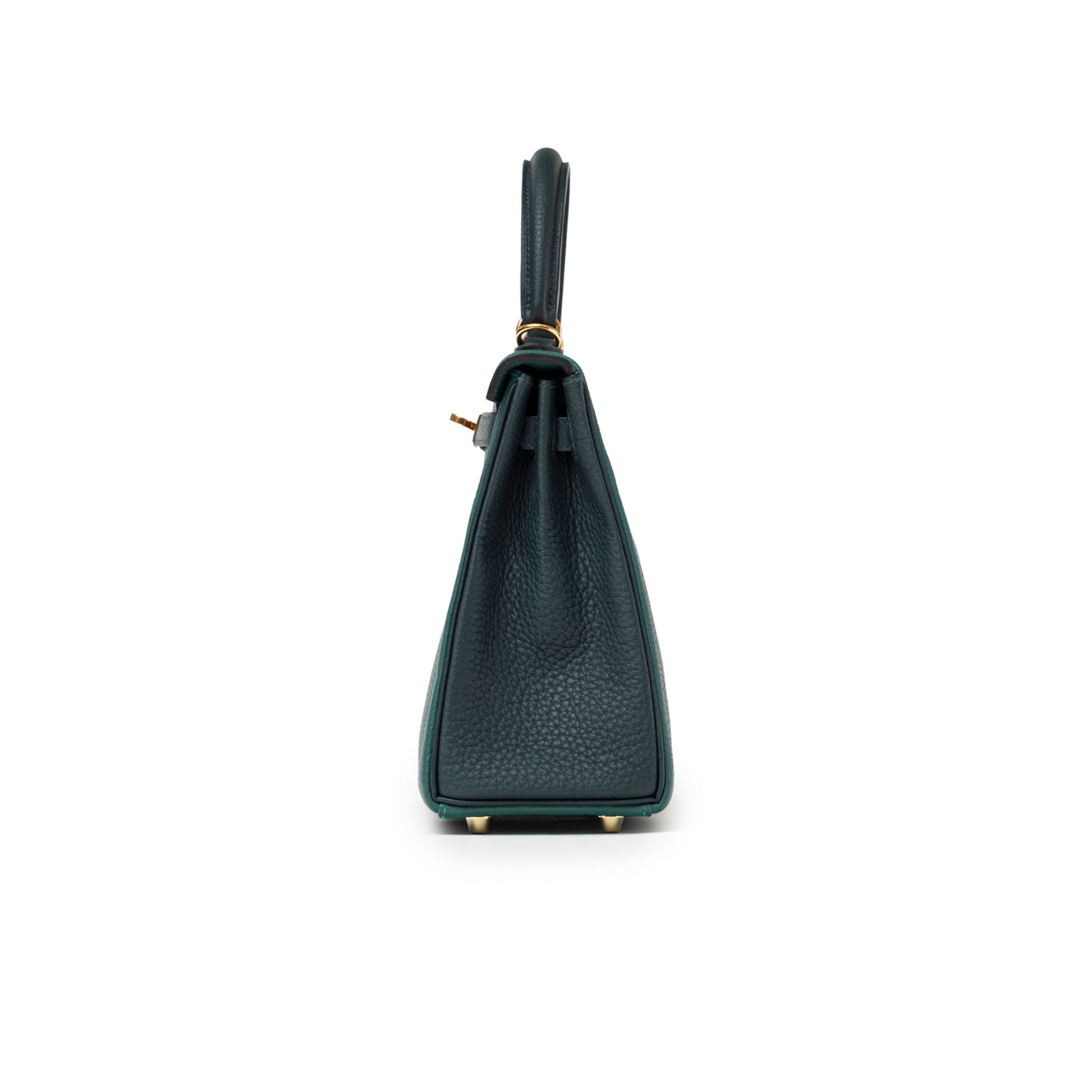 Side profile of Hermès Special Order HSS Horseshoe Kelly 25 Malachite Vert Togo Gold Hardware handbag