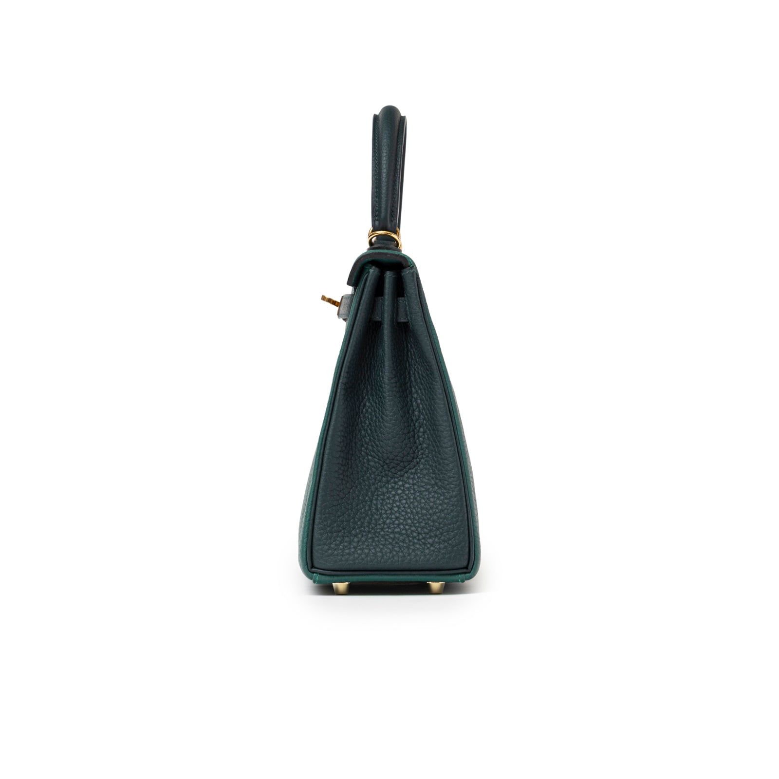 Side profile of Hermès Special Order HSS Horseshoe Kelly 25 Malachite Vert Togo Gold Hardware handbag