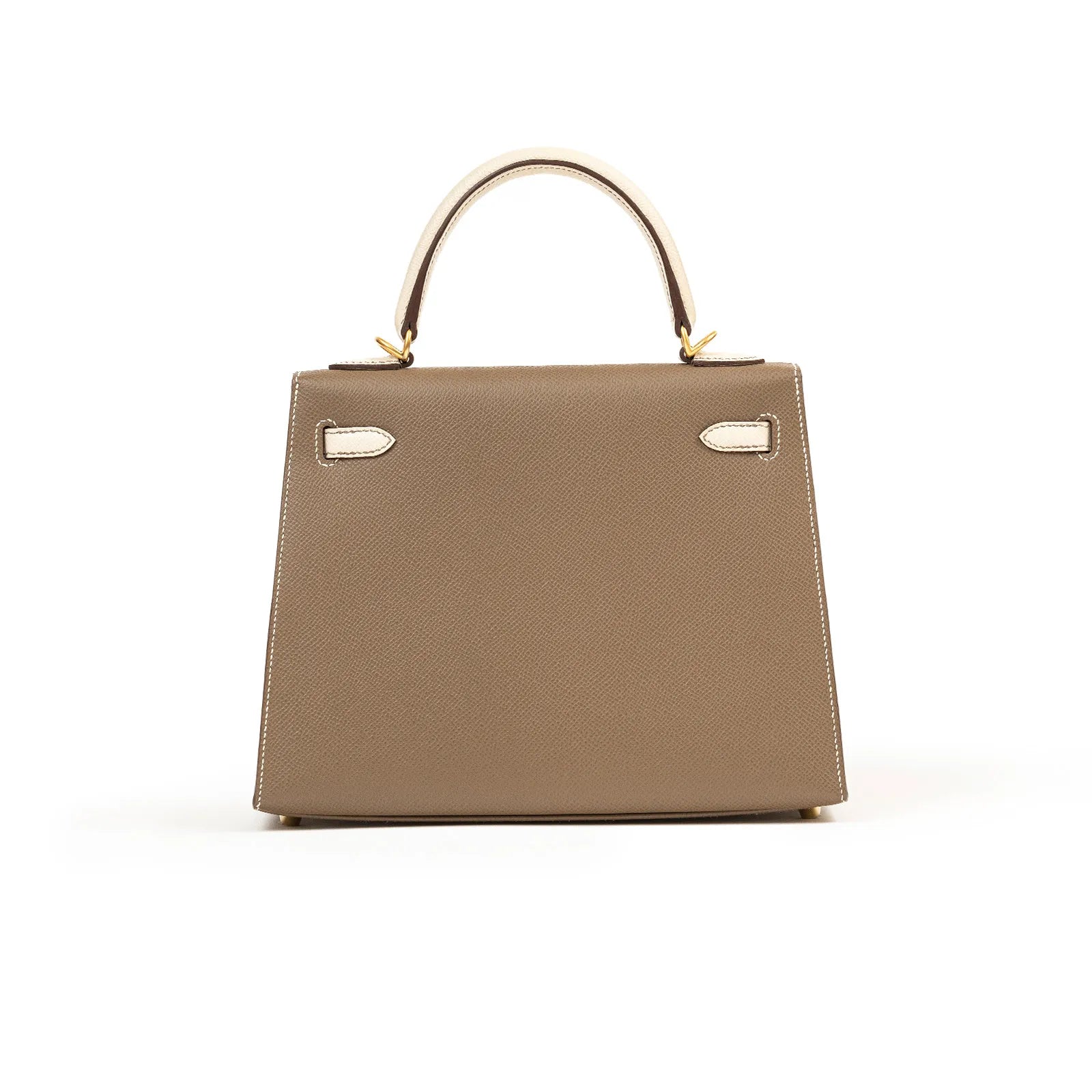 Back view of Hermès Horseshoe Kelly 25 Sellier Etoupe/Craie Epsom Brushed Gold Hardware handbag showing clean stitching and handle details