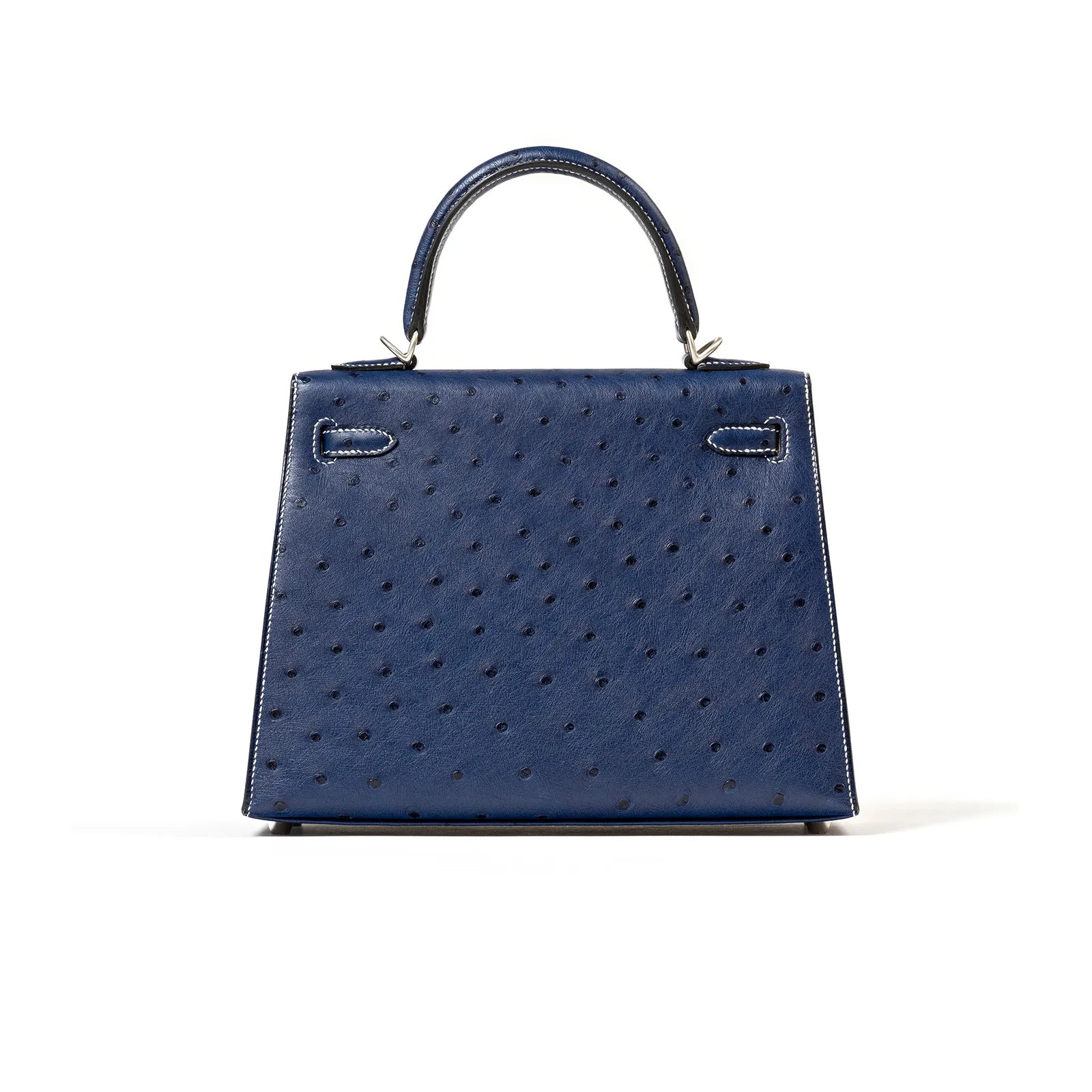 Back view of Hermès Horseshoe Kelly 25 Sellier Ostrich Blue Iris Gris Brushed Palladium Hardware handbag