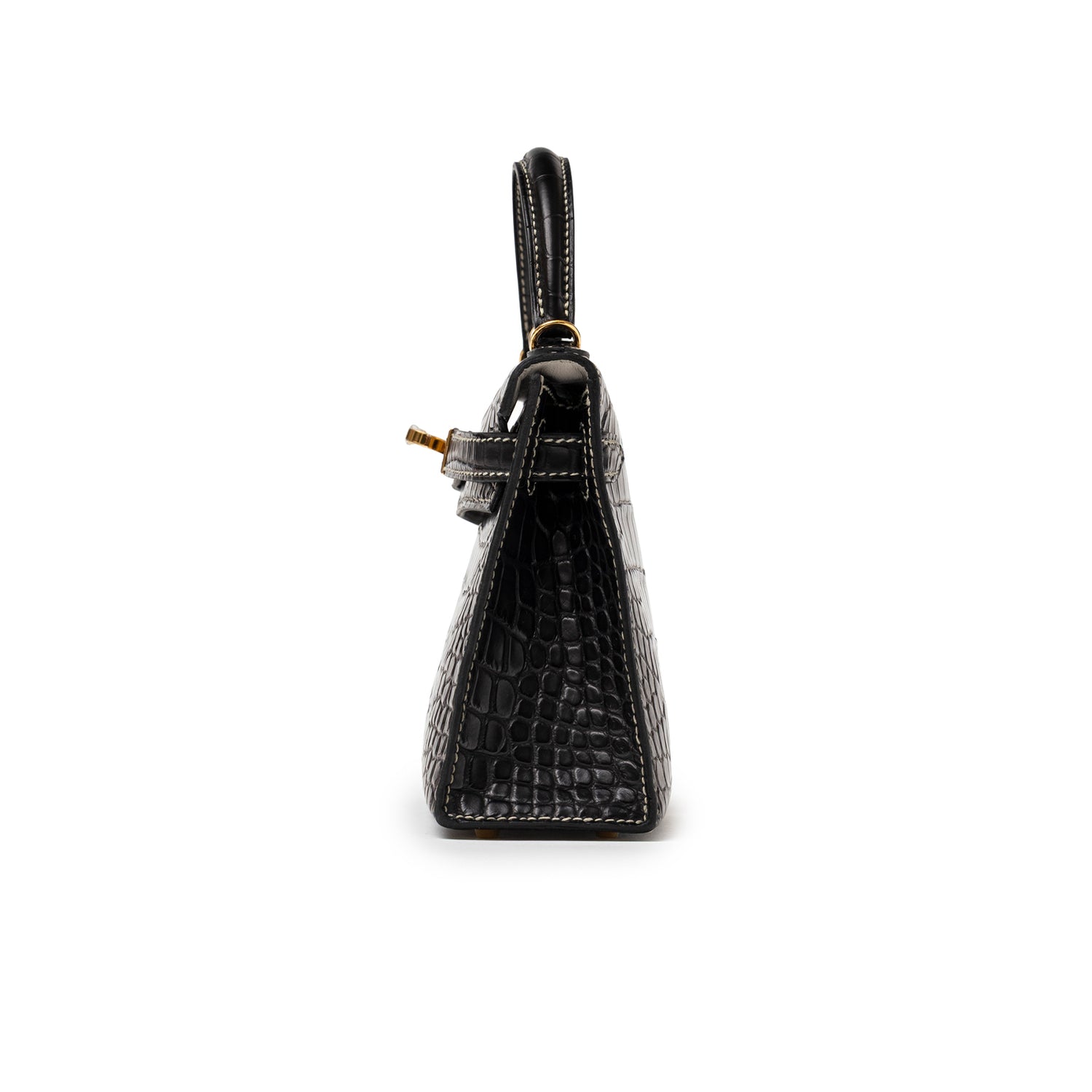 Side view of Hermès Special Order HSS Horseshoe Mini Kelly II Black Gris Matte Alligator Gold Hardware showing texture and handle details