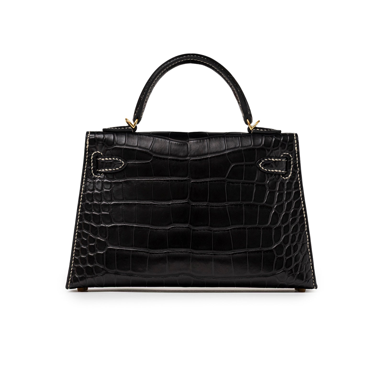 Back view of Hermès Special Order HSS Horseshoe Mini Kelly II Black Gris Matte Alligator Gold Hardware handbag