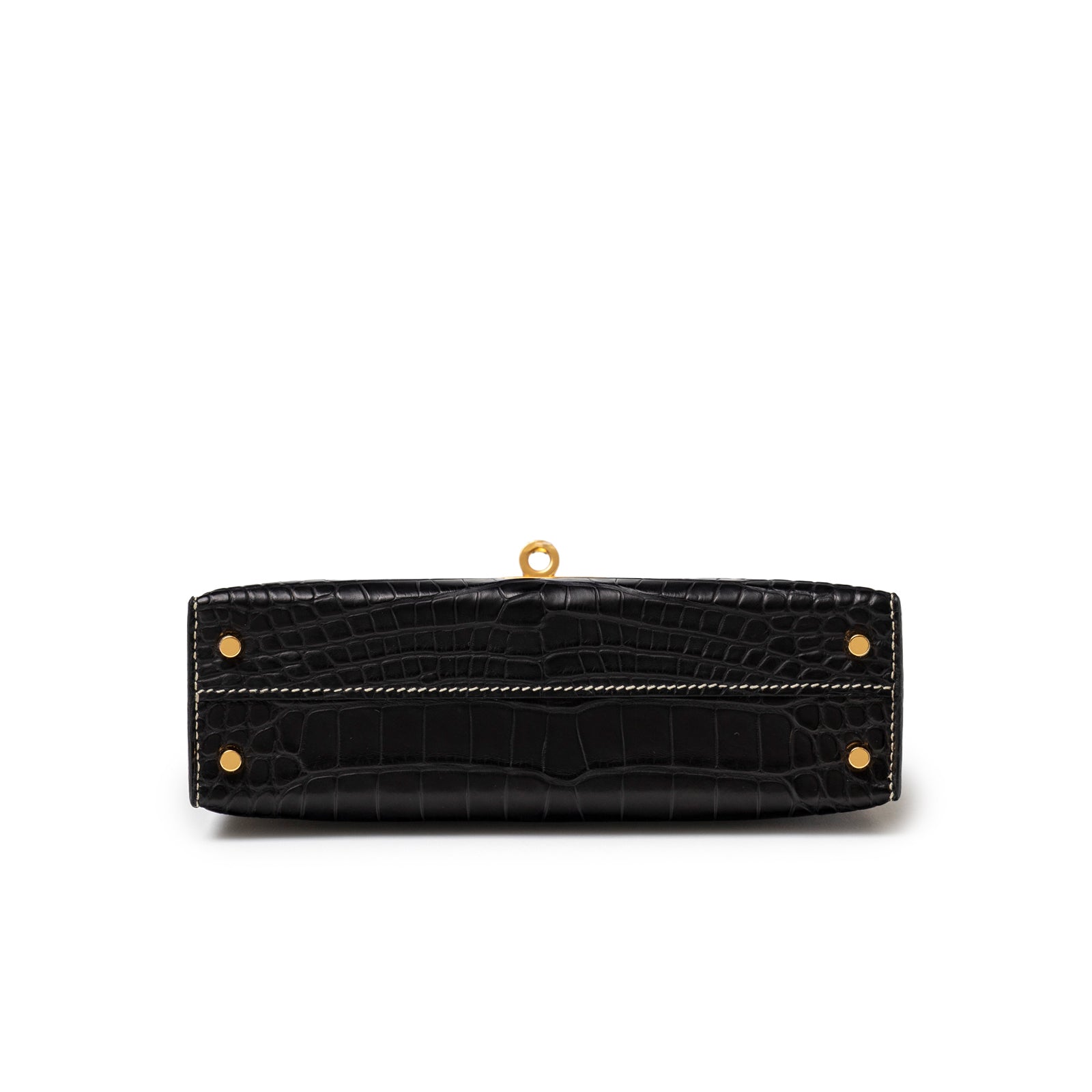 Bottom view of Hermès Special Order HSS Horseshoe Mini Kelly II Black Gris Matte Alligator Gold Hardware showing gold feet and black alligator texture