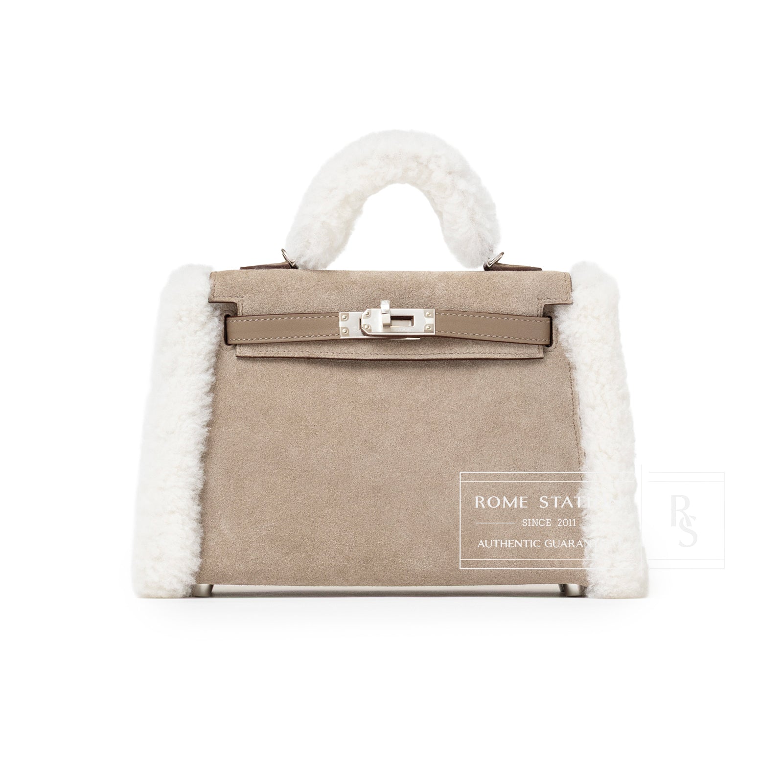 Hermès Teddy Mini Kelly II Gris Caillou Etoupe Grizzly Swift Palladium Hardware back view with shearling trim handle and edges