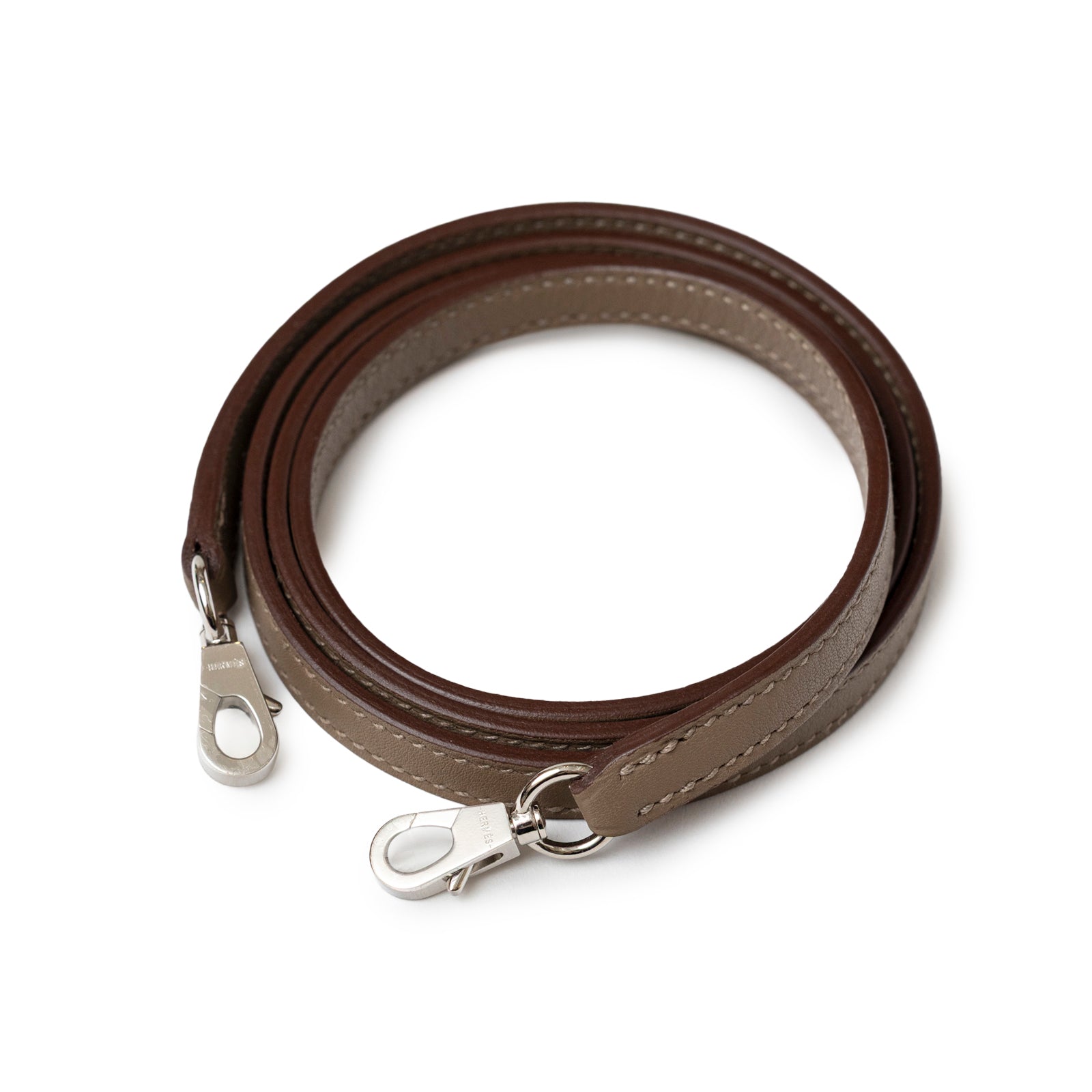 Coiled brown and taupe leather strap with palladium hardware for Hermès Teddy Mini Kelly II Gris Caillou Etoupe Grizzly Swift Palladium Hardware