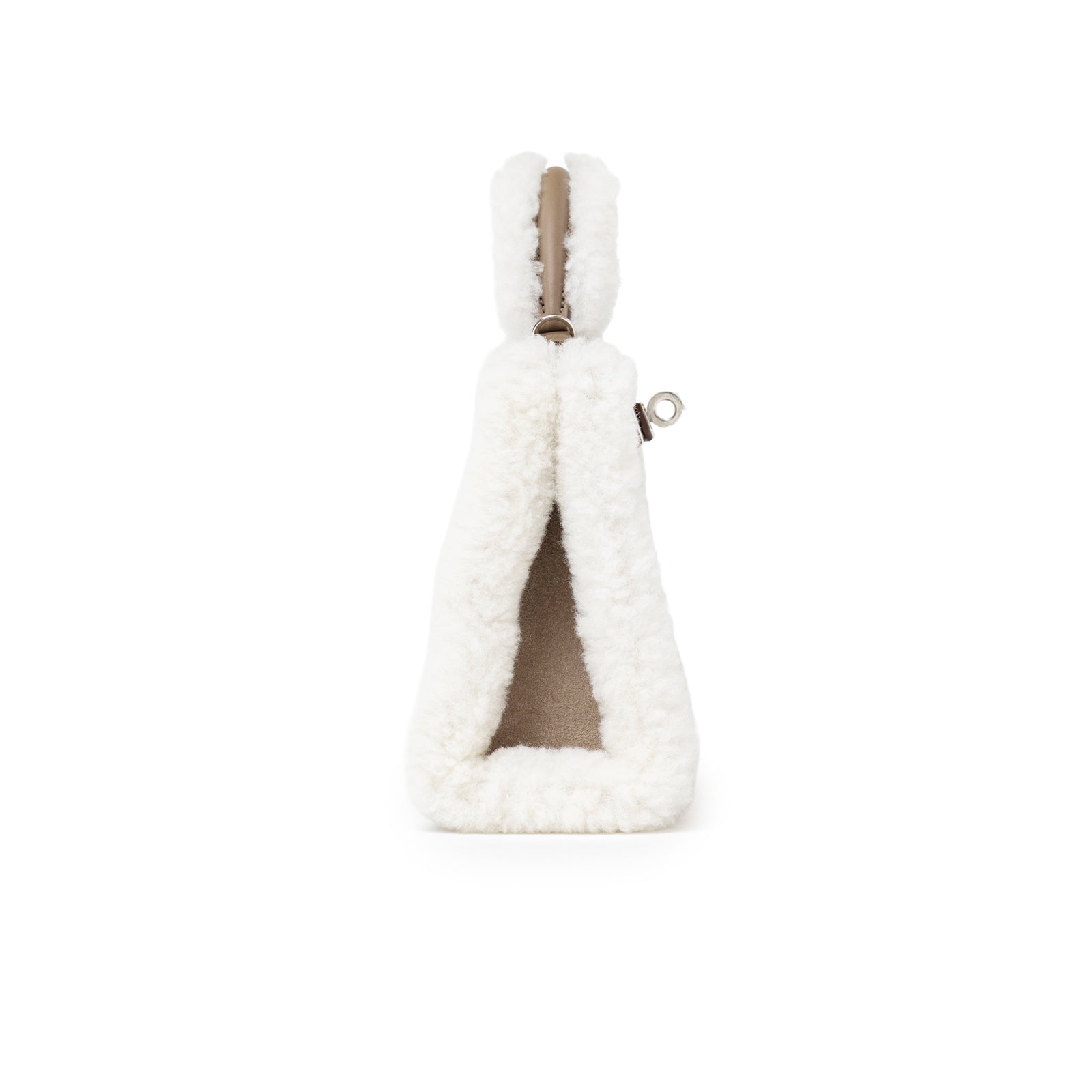 Side view of Hermès Teddy Mini Kelly II Gris Caillou Etoupe Grizzly Swift Palladium Hardware bag