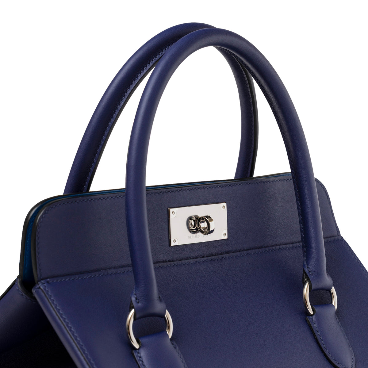 Hermès Tool Box 26 Blue Encre Blue Zellige Swift Palladium Hardware top handles and clasp detail