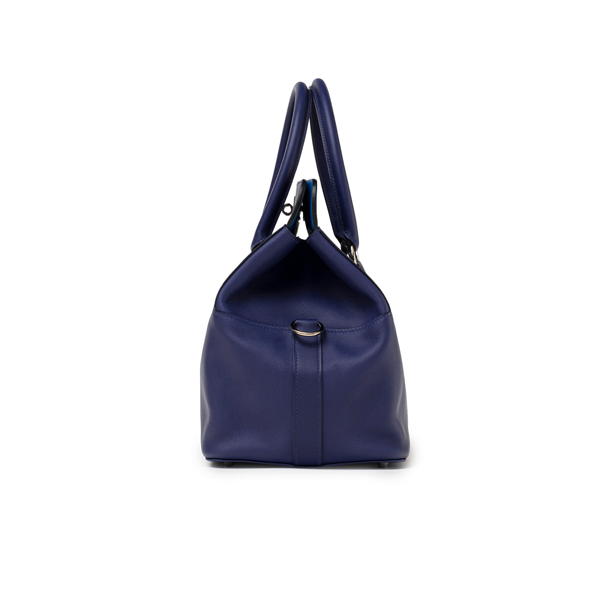 Hermès Tool Box 26 Blue Encre Blue Zellige Swift Palladium Hardware side view with handles and clasp