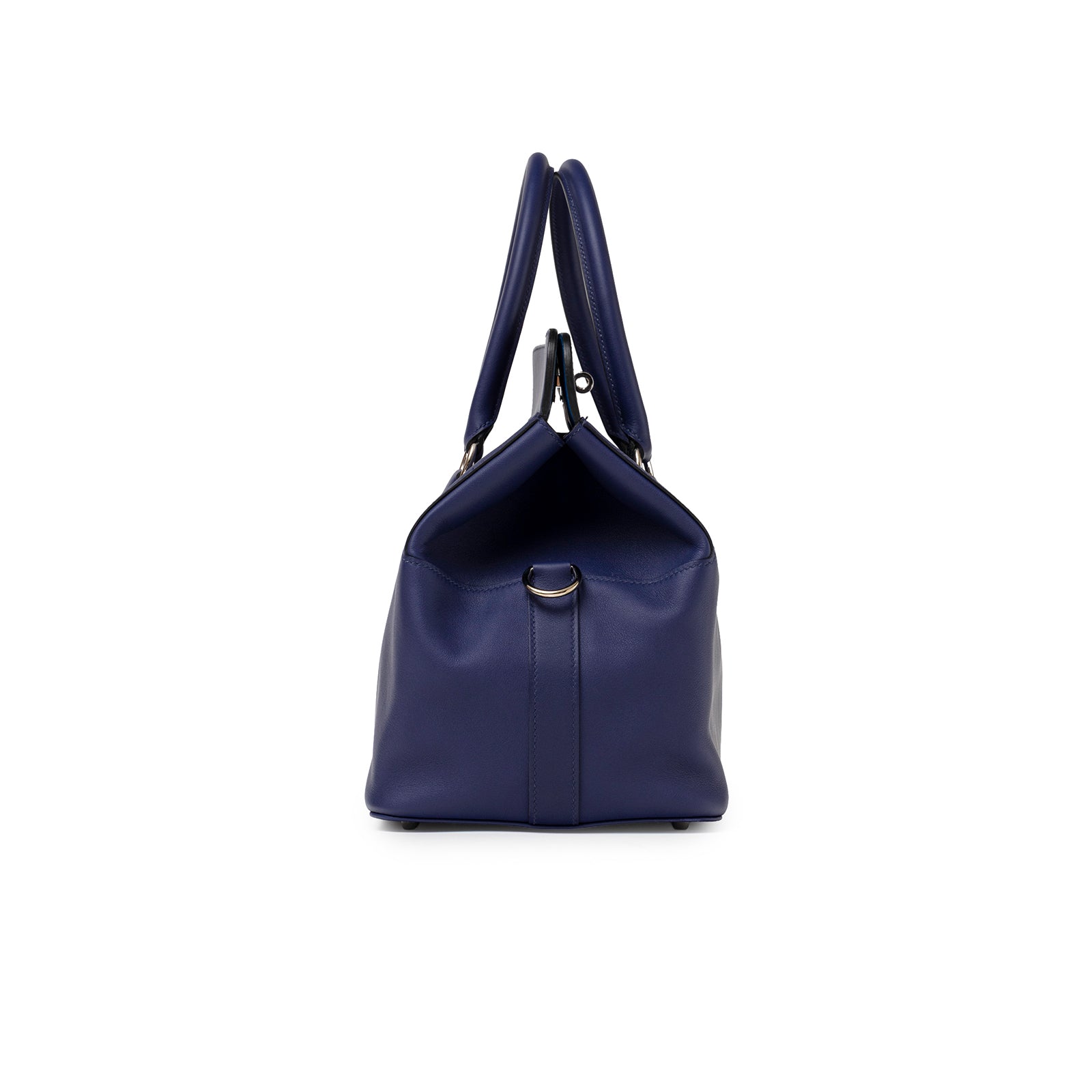 Hermès Tool Box 26 Blue Encre Blue Zellige Swift Palladium Hardware side view with handles and clasp