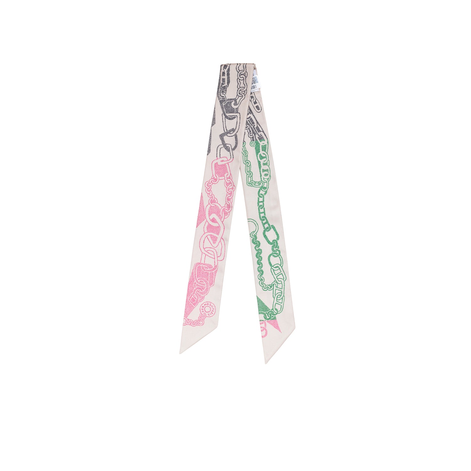 Back view of Hermès Twilly Boucles et Maillons Ficelle Rose Vif Vert showing chain and link motifs on silk