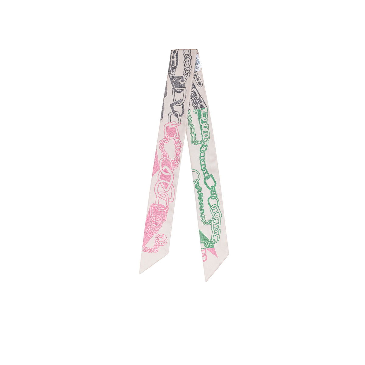 Back view of Hermès Twilly Boucles et Maillons Ficelle Rose Vif Vert showing chain and link motifs on silk