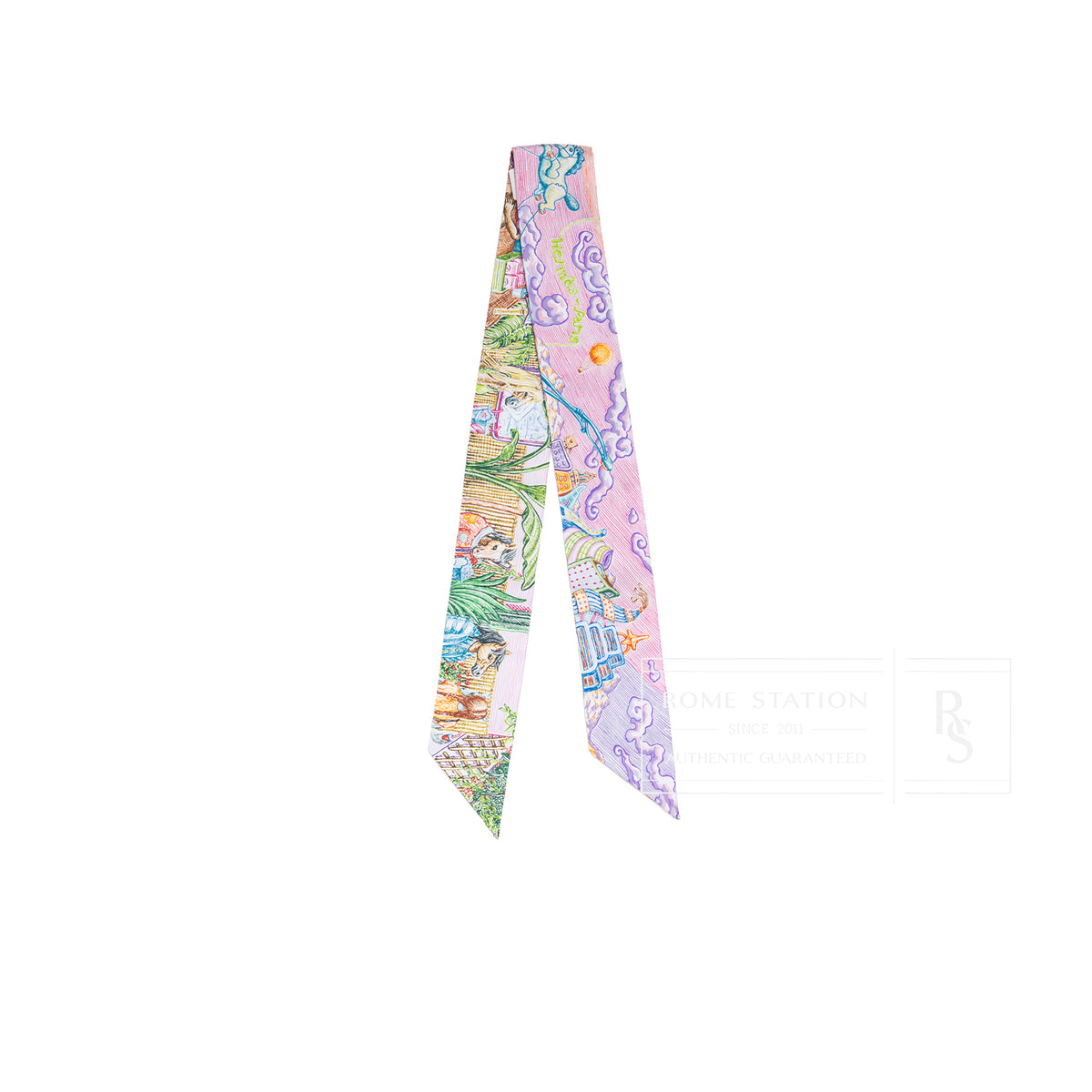 Front view of Hermès Twilly City of Light Rose Violet Multicolor showing detailed map and floral motifs