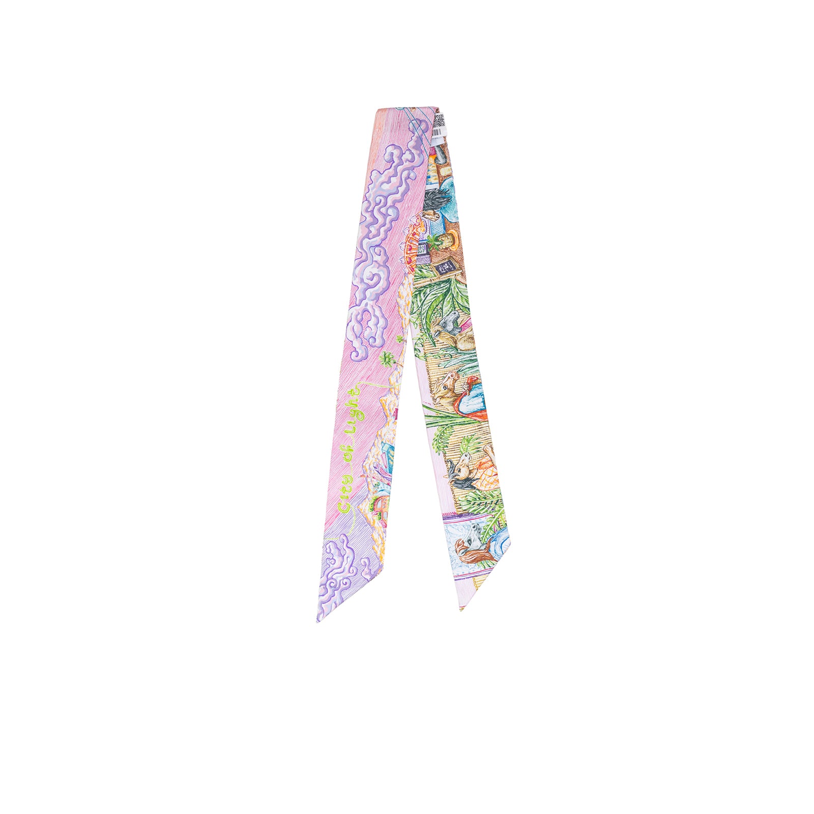 Back view of Hermès Twilly City of Light Rose Violet Multicolor with detailed city map and floral accents