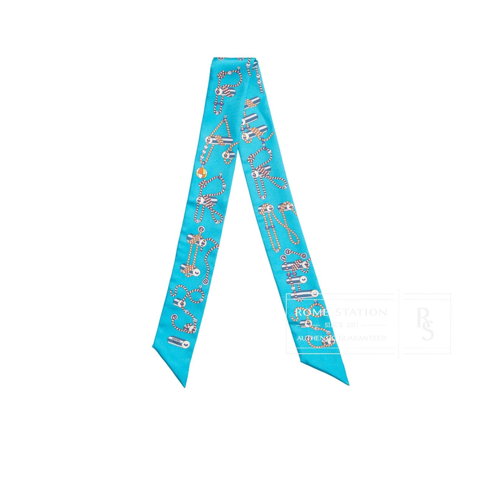 Hermès Twilly Cordages Turquoise Orange Blanc Silk Scarf | Rome