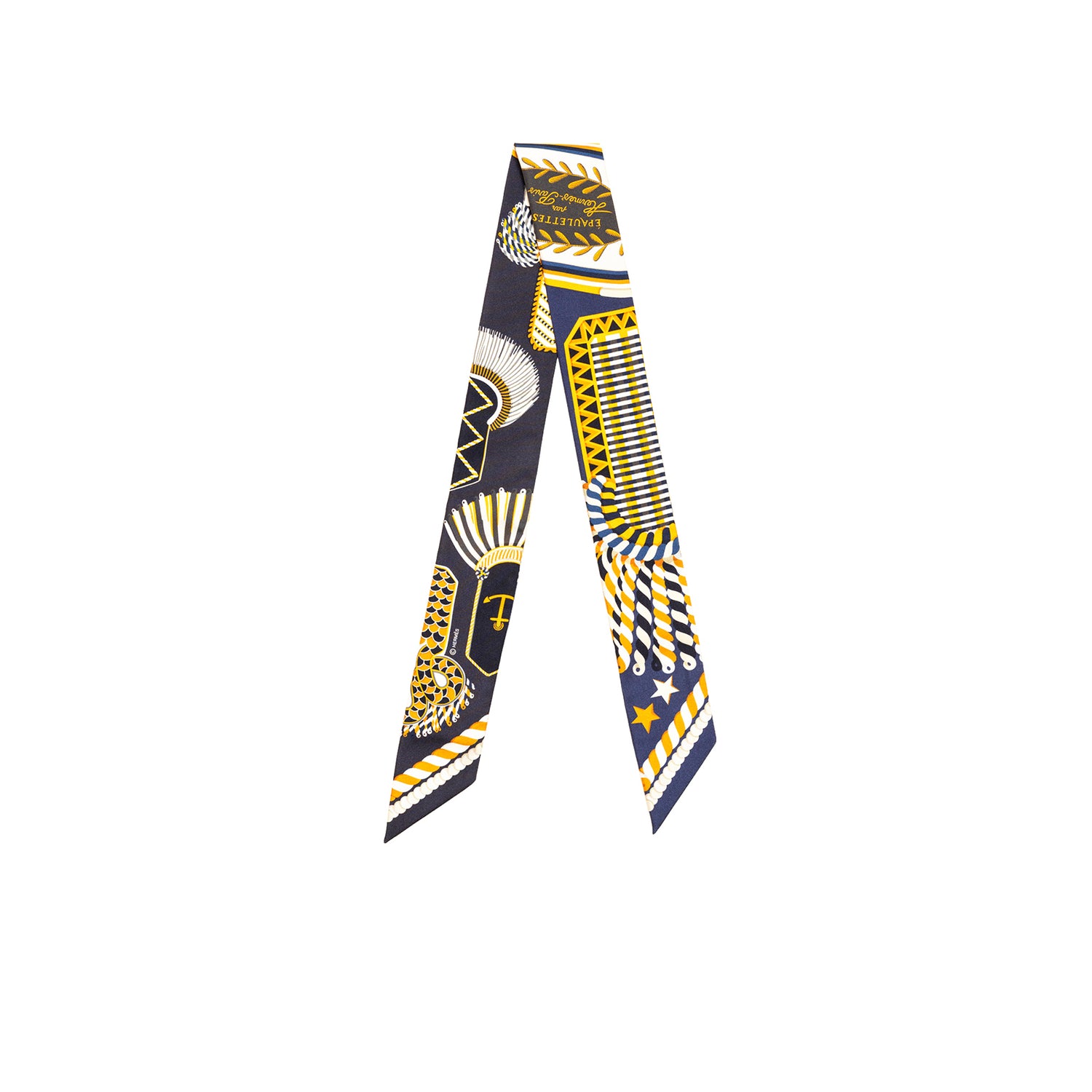 Twisted front view of Hermès Twilly Epaulettes De Gala Marine Gold Blanc with navy, gold, and white gala motifs