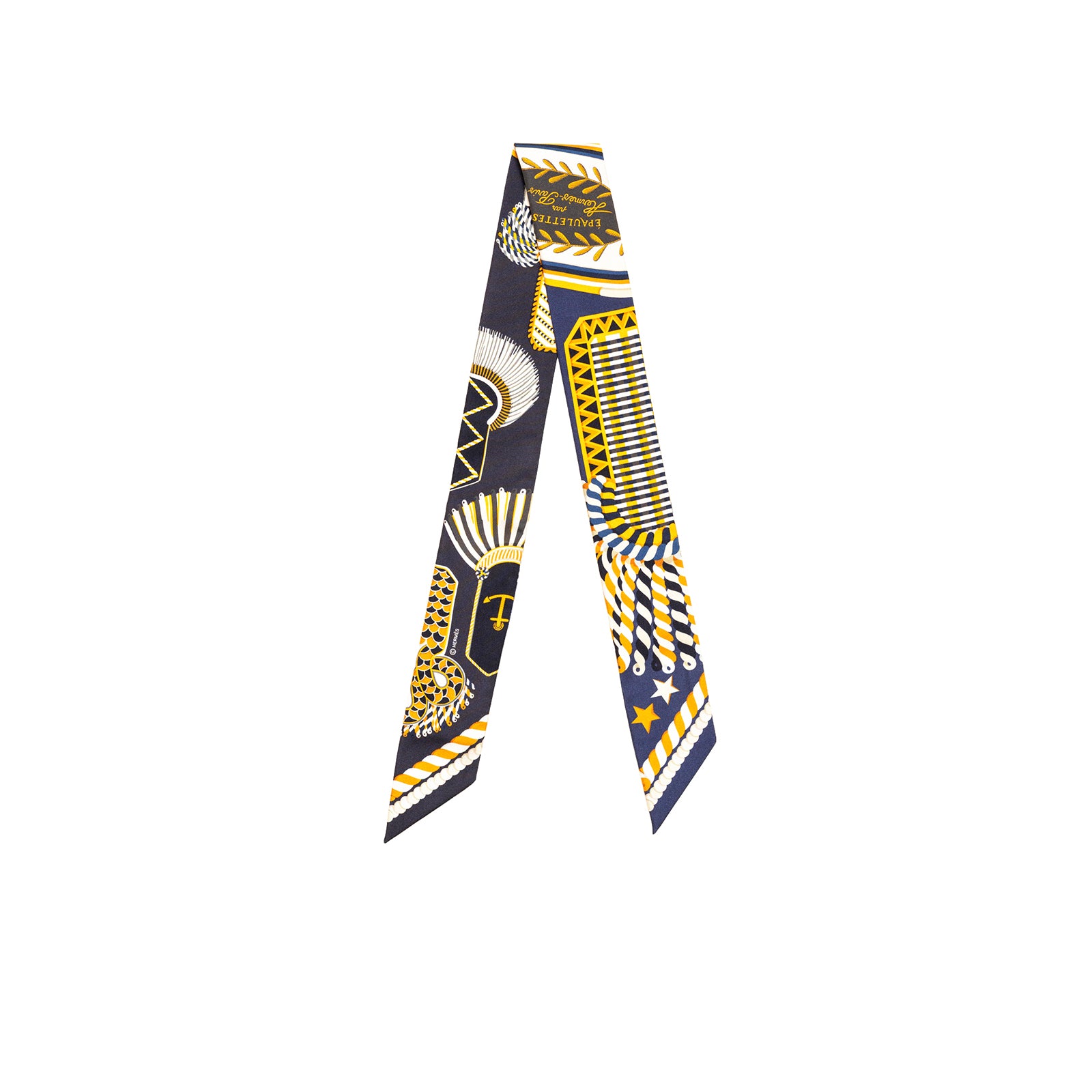Twisted front view of Hermès Twilly Epaulettes De Gala Marine Gold Blanc with navy, gold, and white gala motifs