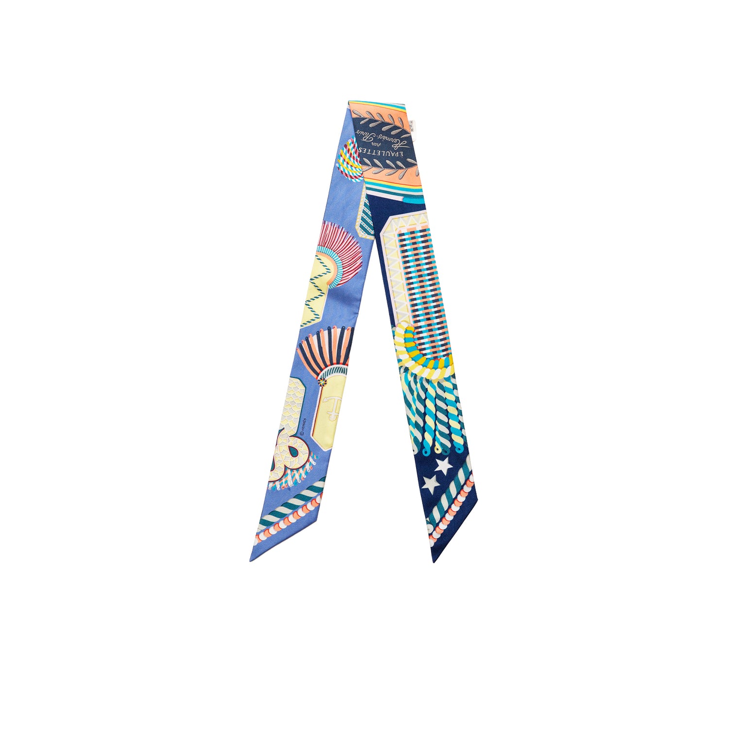 Hermès Twilly Epaulettes De Gala Marine Jaune Pale Mysotosis showcasing intricate marine-inspired patterns in soft yellow and blue tones