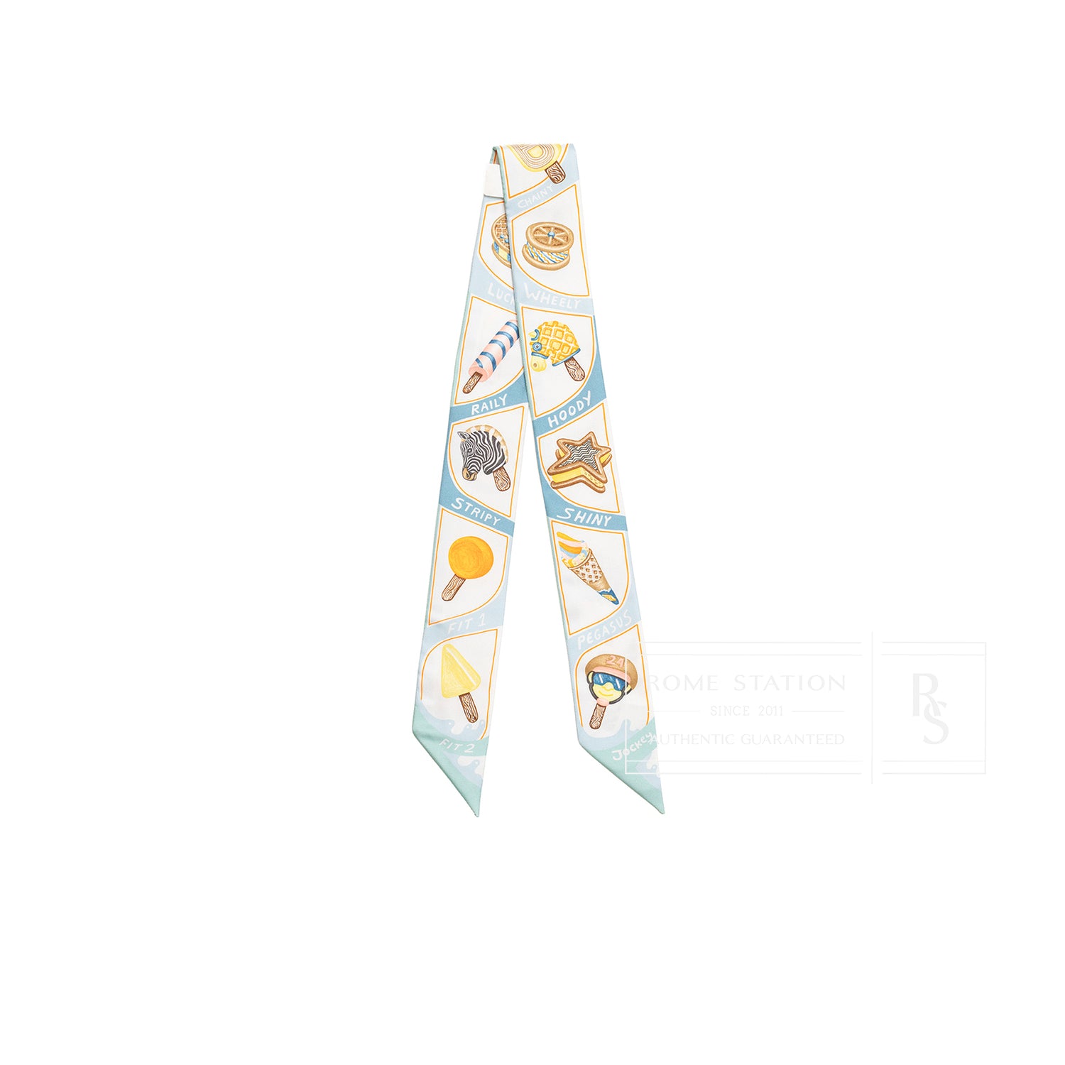 Front view of Hermès Twilly Funny Ice Cream Aqua Orange Jaune with playful ice cream and dessert motifs on aqua background