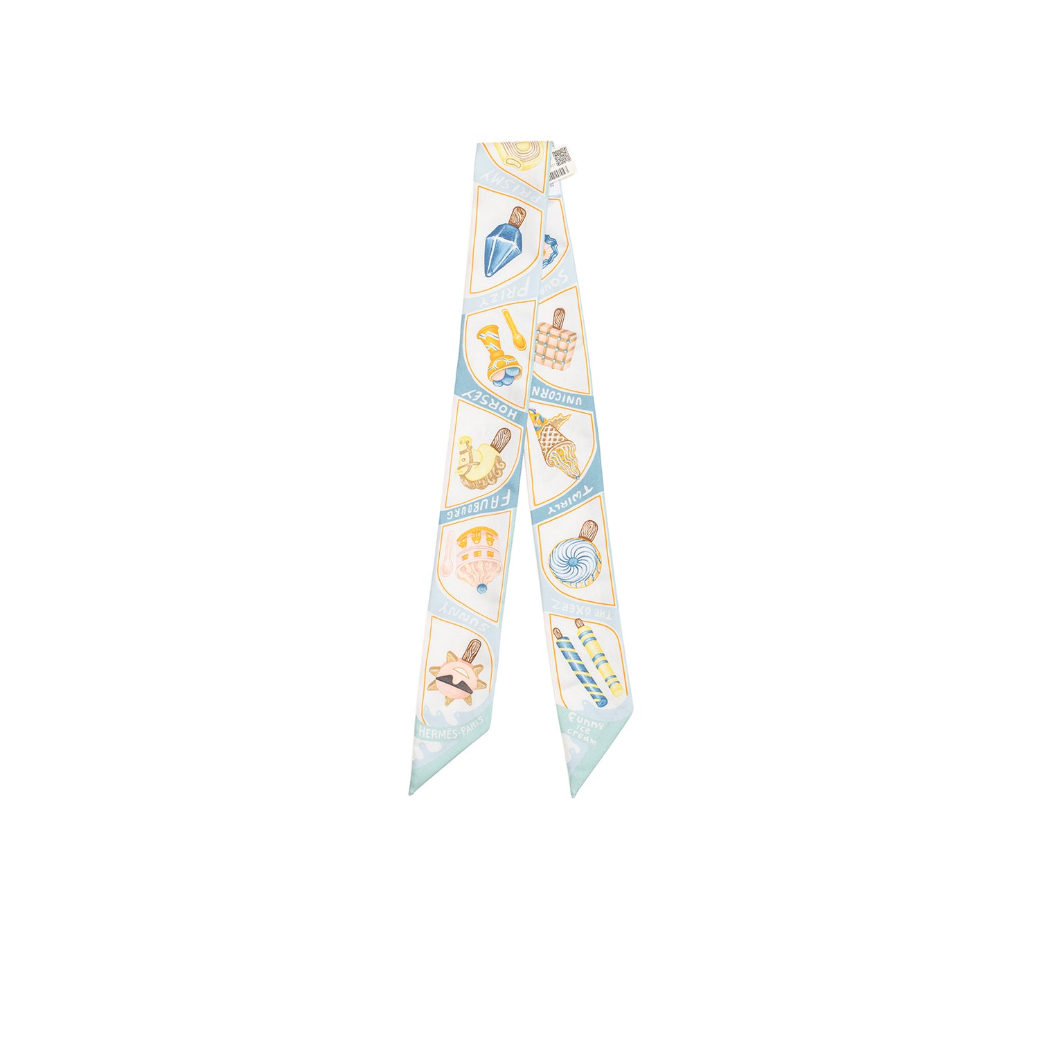 Slim silk Hermès Twilly Funny Ice Cream Aqua Orange Jaune with pastel colored ice cream-themed illustrations
