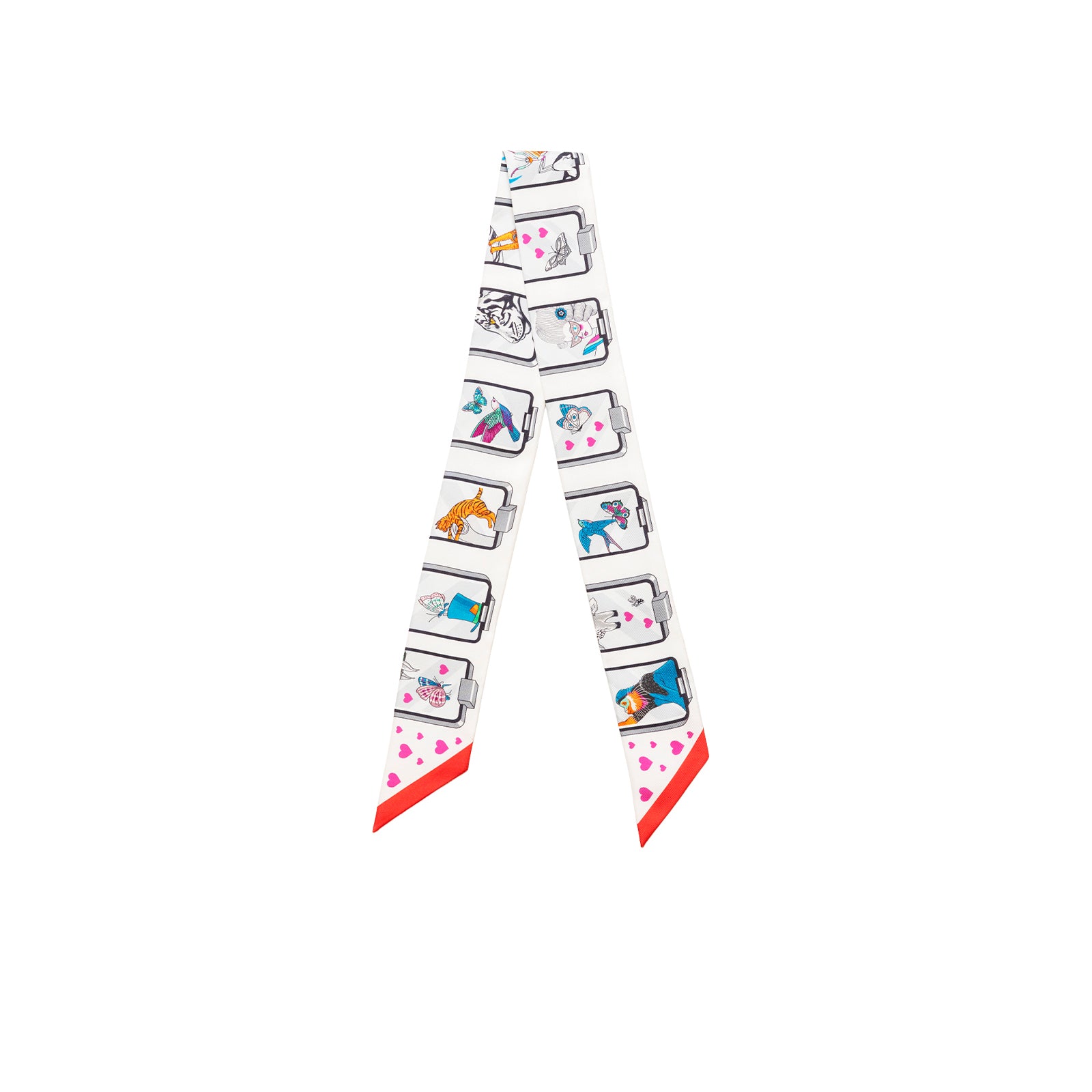 Elegant silk scarf with playful designs and red accents, featuring Hermès Twilly Hermès Story Blanc Gris Rouge style.