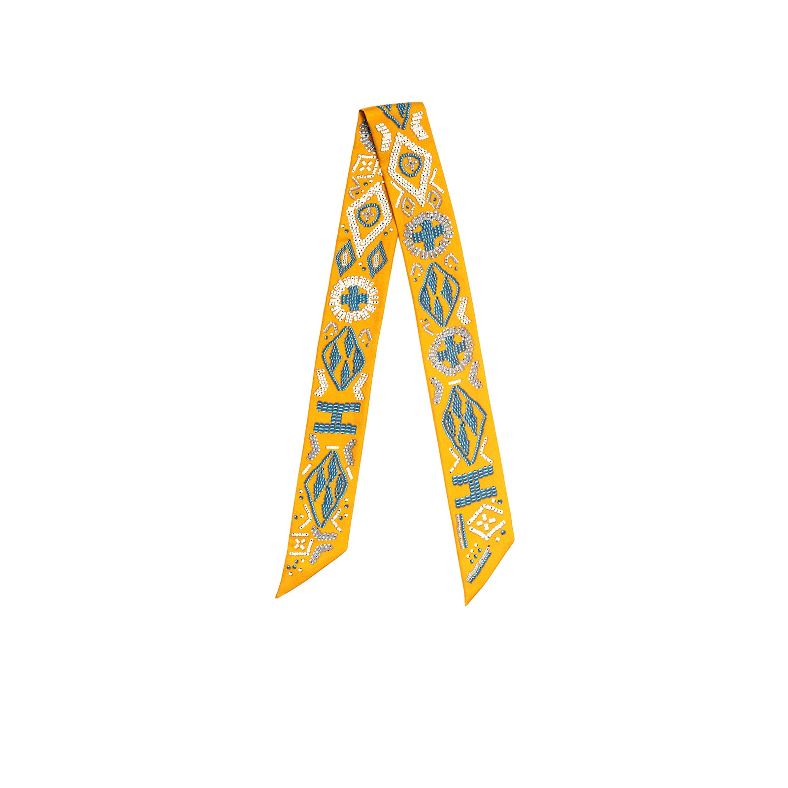 Back view of Hermès Twilly Kelly en Perles Jaune Blanc Blue featuring blue and white beadwork on yellow silk