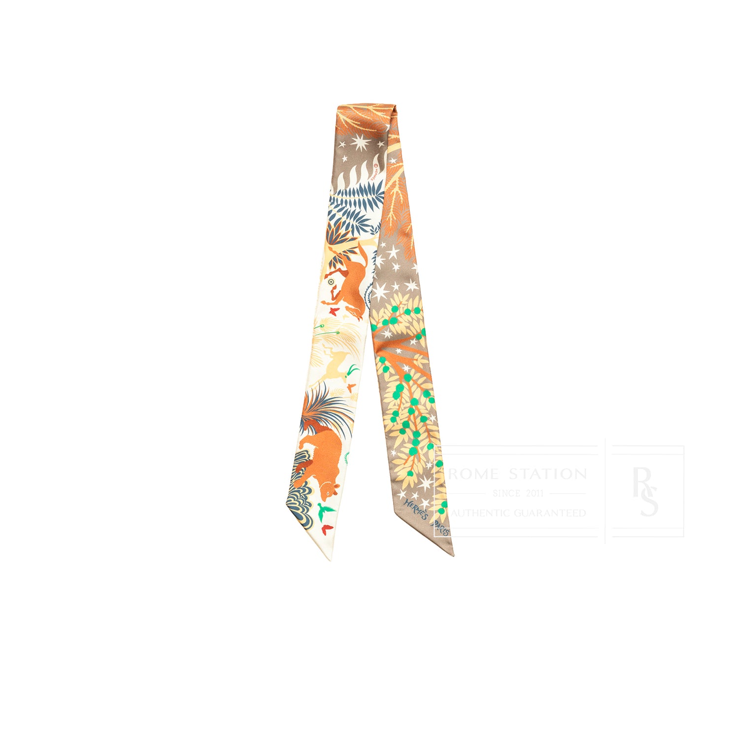 Front angled view of Hermès Twilly Le Charme D'Orphee Etoupe Crème Vert featuring nature-inspired motifs in soft tones