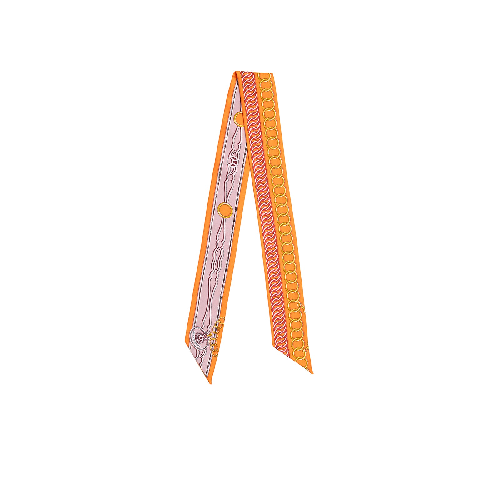 Front view of Hermès Twilly Maillons Orange/Rose/Multi showing vibrant chain link pattern on silk scarf