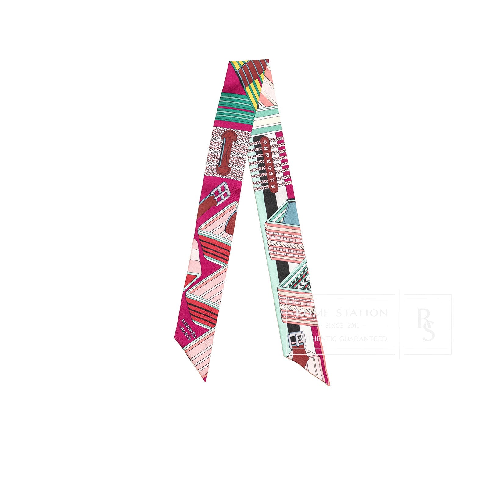 Hermès Twilly Sangles En Zigzag Fuchsia/Vert/Jaune
