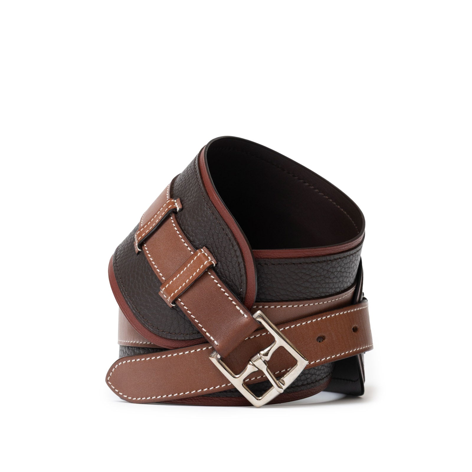 Angled view of Hermès Vintage Waist Belt Brown/Rouge/Natural showing textured leather and silver buckle detail